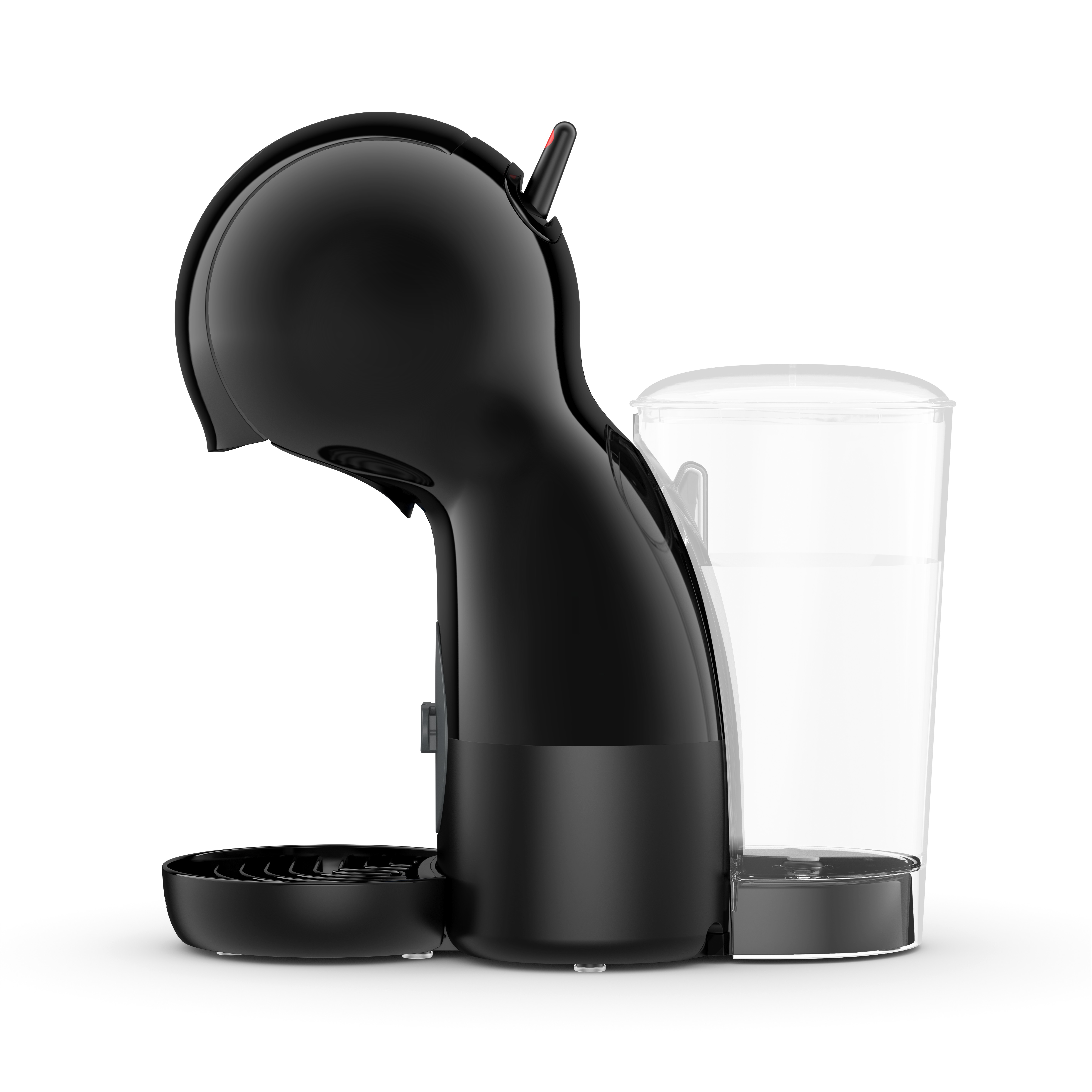 Seitenansicht einer schwarzen Kaffeemaschine mit abnehmbarem Wassertank