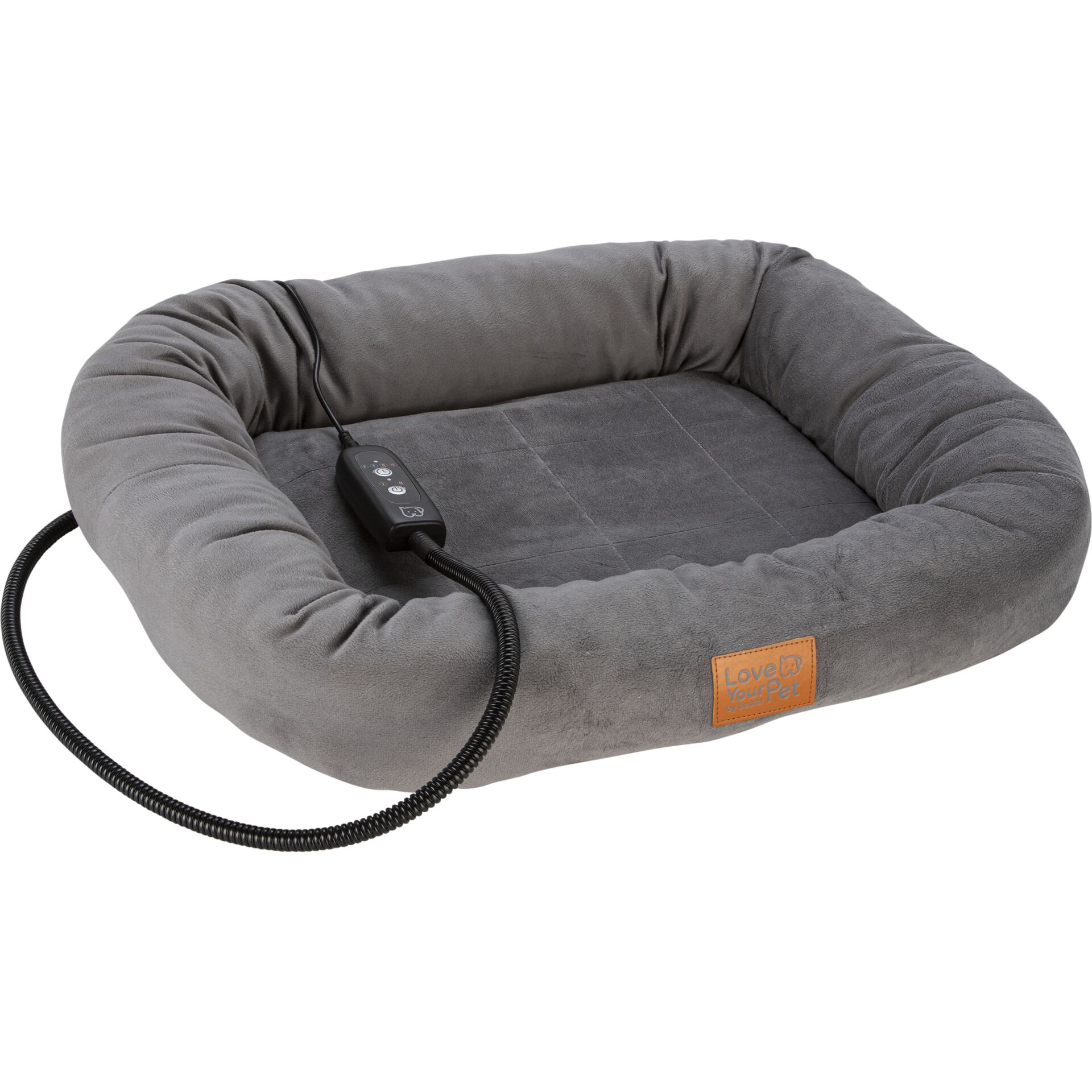 Graues Heizkissen für Haustiere mit integrierter Steuerungsfunktion und Love Your Pet Logo
