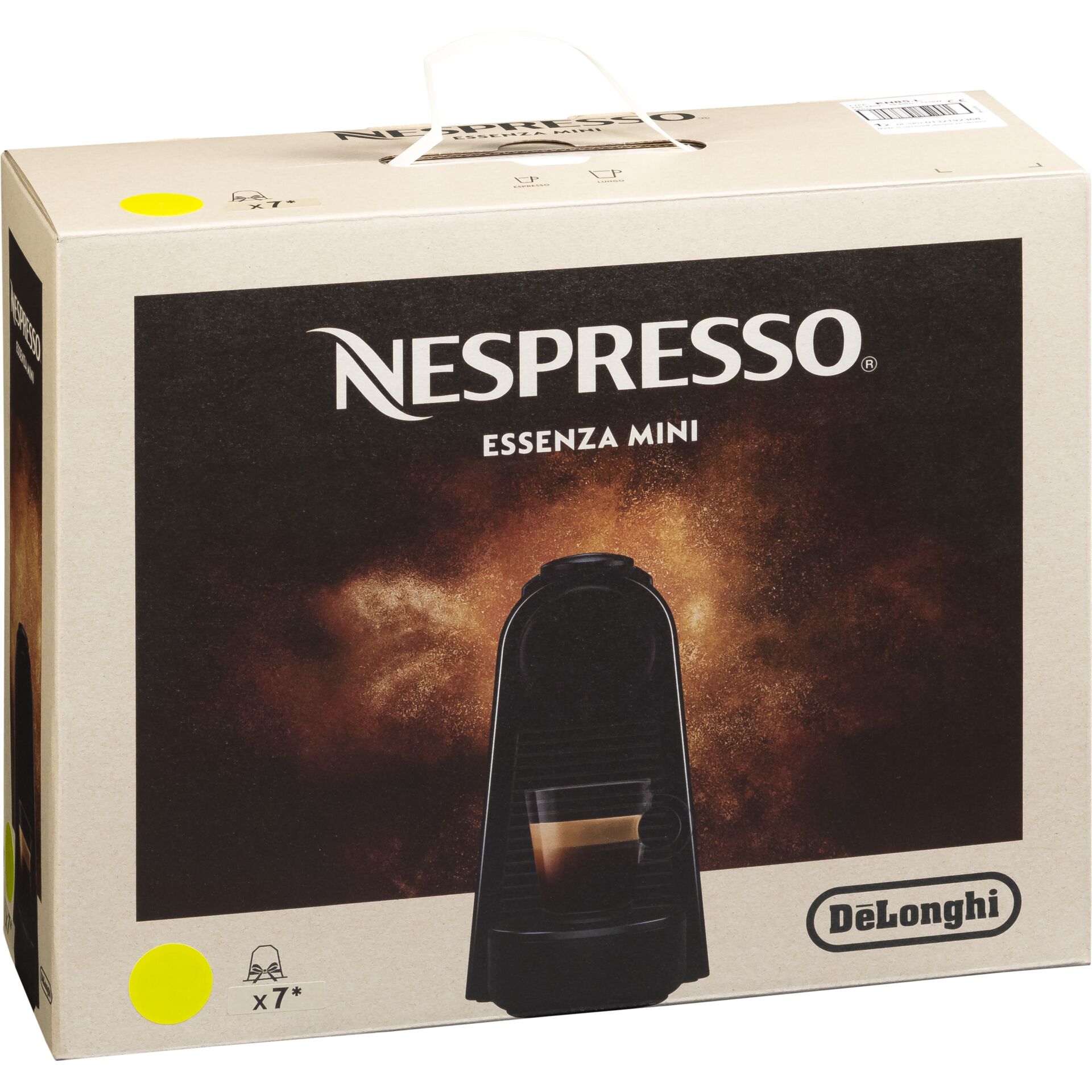 Verpackung der Nespresso Essenza Mini Kaffeemaschine, Braun mit De'Longhi Logo