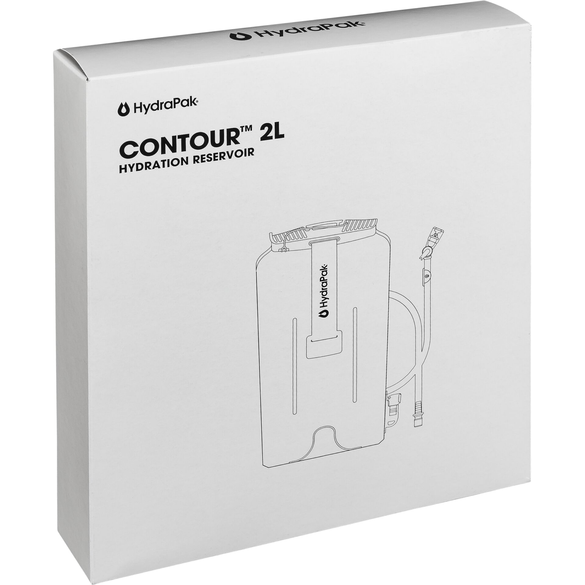 Verpackung des HydraPak Contour 2L Trinksystems mit Abbildung und Logo auf der Vorderseite