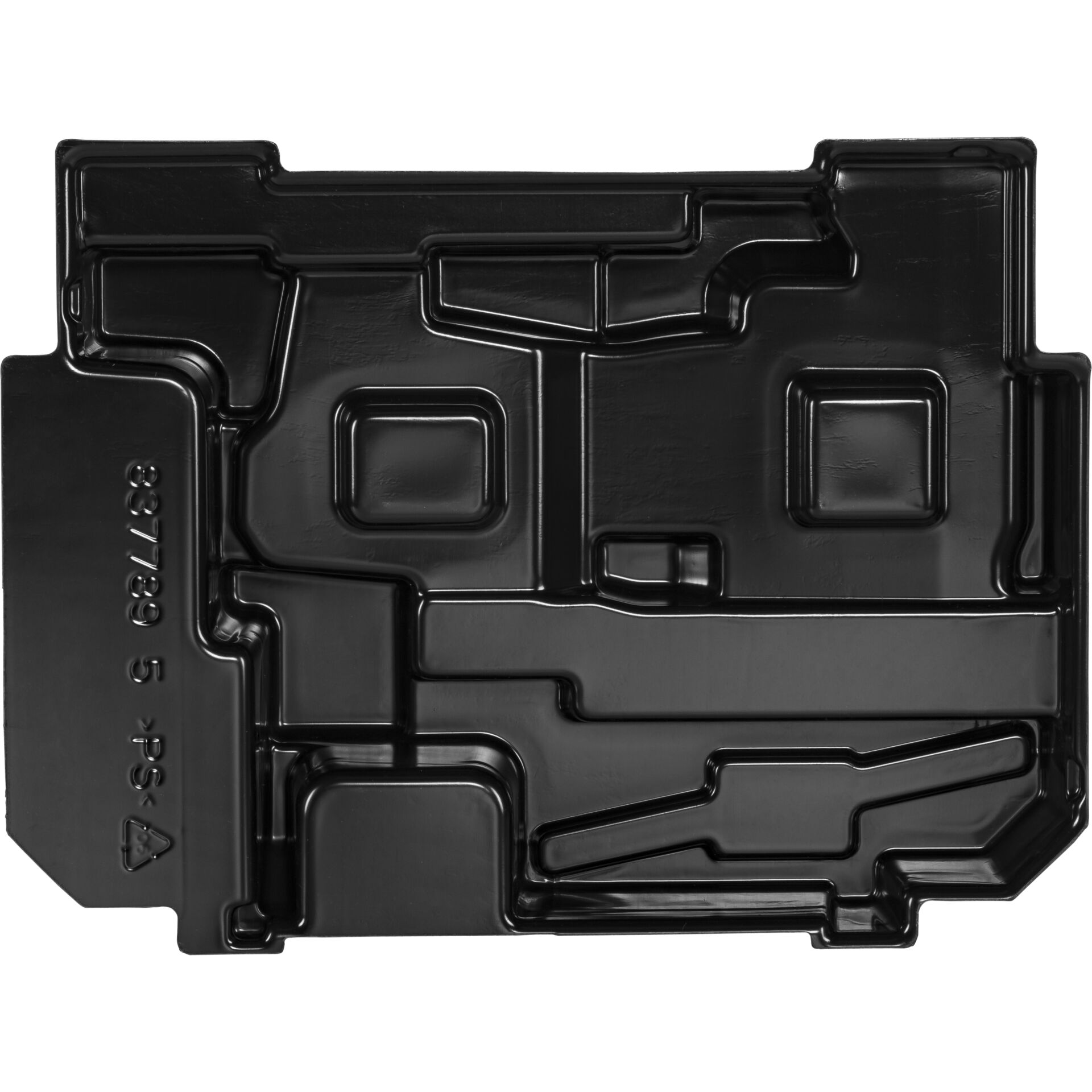 Schwarze Kunststoffverpackung mit Fächern Schwarze Form aus Kunststoff mit verschiedenen Vertiefungen und Prägungen, geeignet zur Lagerung oder zum Transport von Gegenständen.