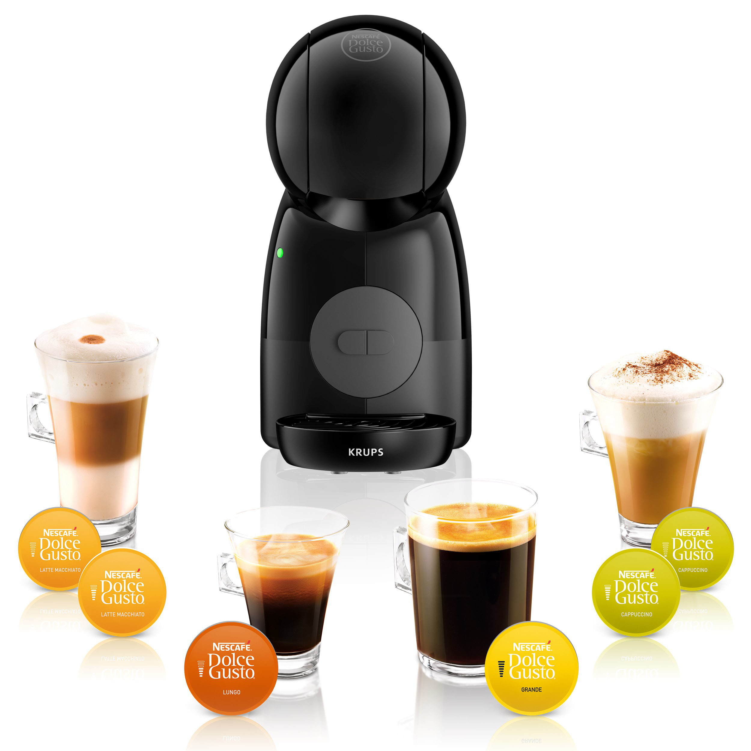 Krups Nescafé Dolce Gusto Kapselmaschine und verschiedene Kaffeetassen mit Kapseln