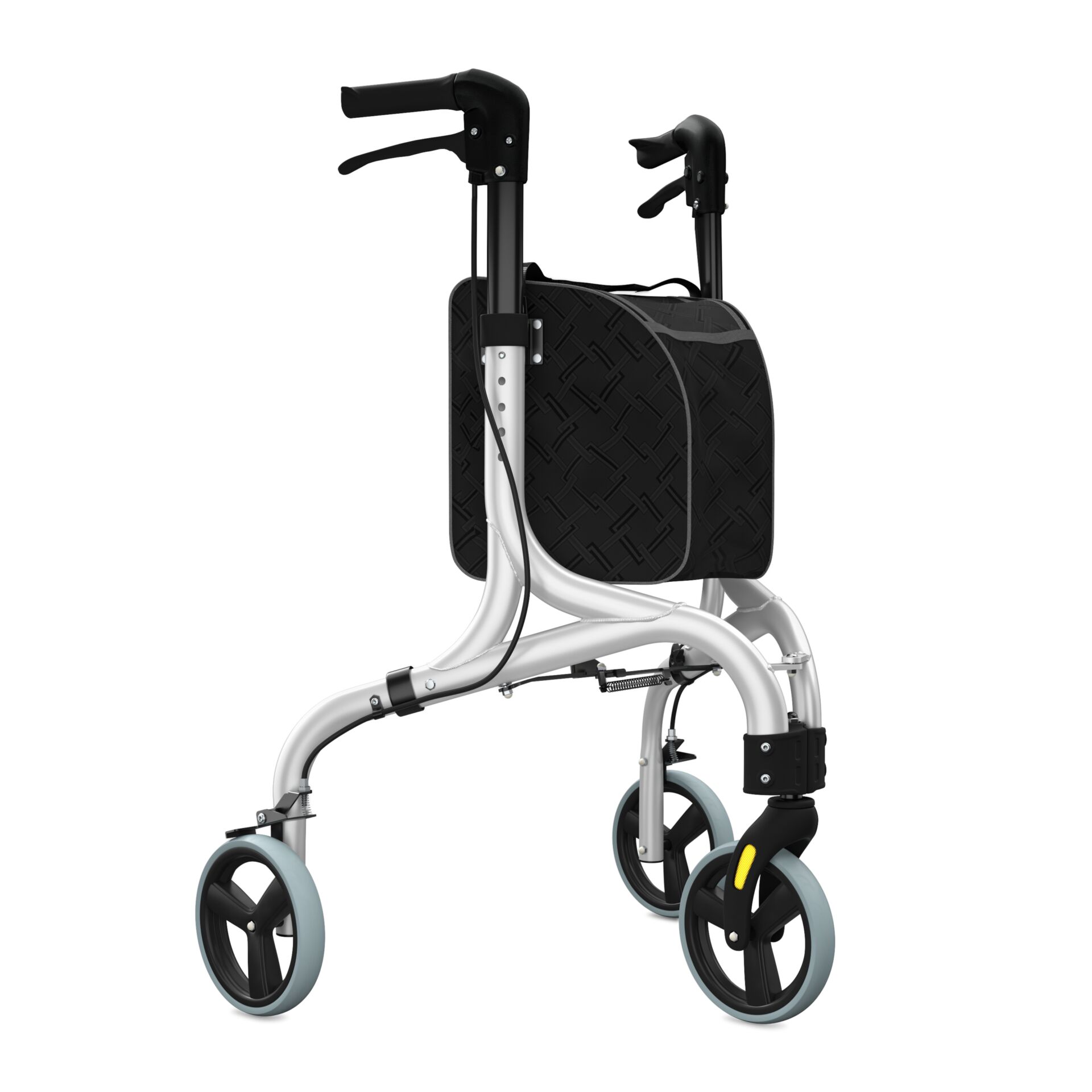 Ein silberner Rollator mit großen Rädern und ergonomischen Griffen, ausgestattet mit einer schwarzen Tasche