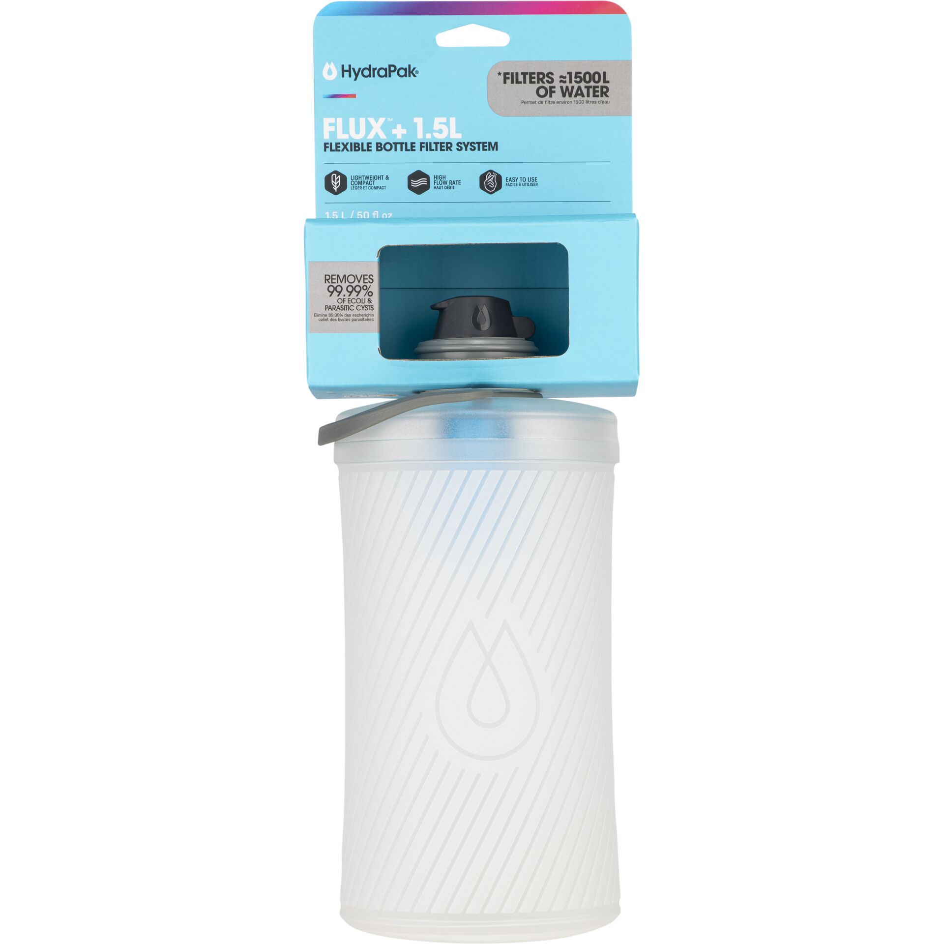 HydraPak Flux+ 1.5L flexibles Filtersystem, weiß, Verpackung mit Wasserfilteranzeige