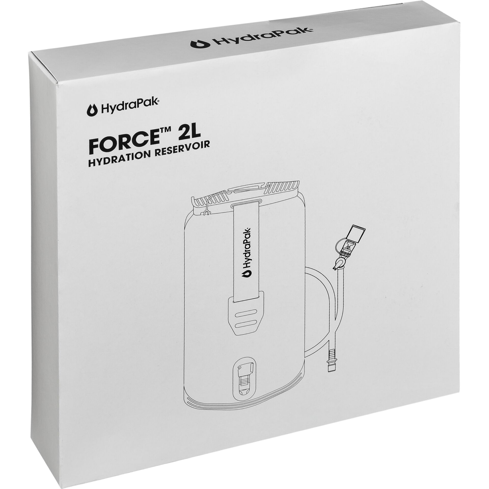 Verpackung des HydraPak Force 2L Trinkreservoirs mit Produktabbildung