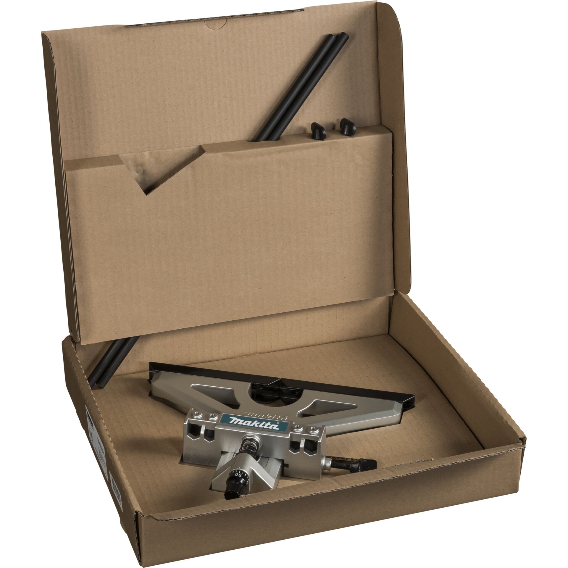 Makita Fräszubehör in geöffneter Verpackung, verschiedene Teile sichtbar