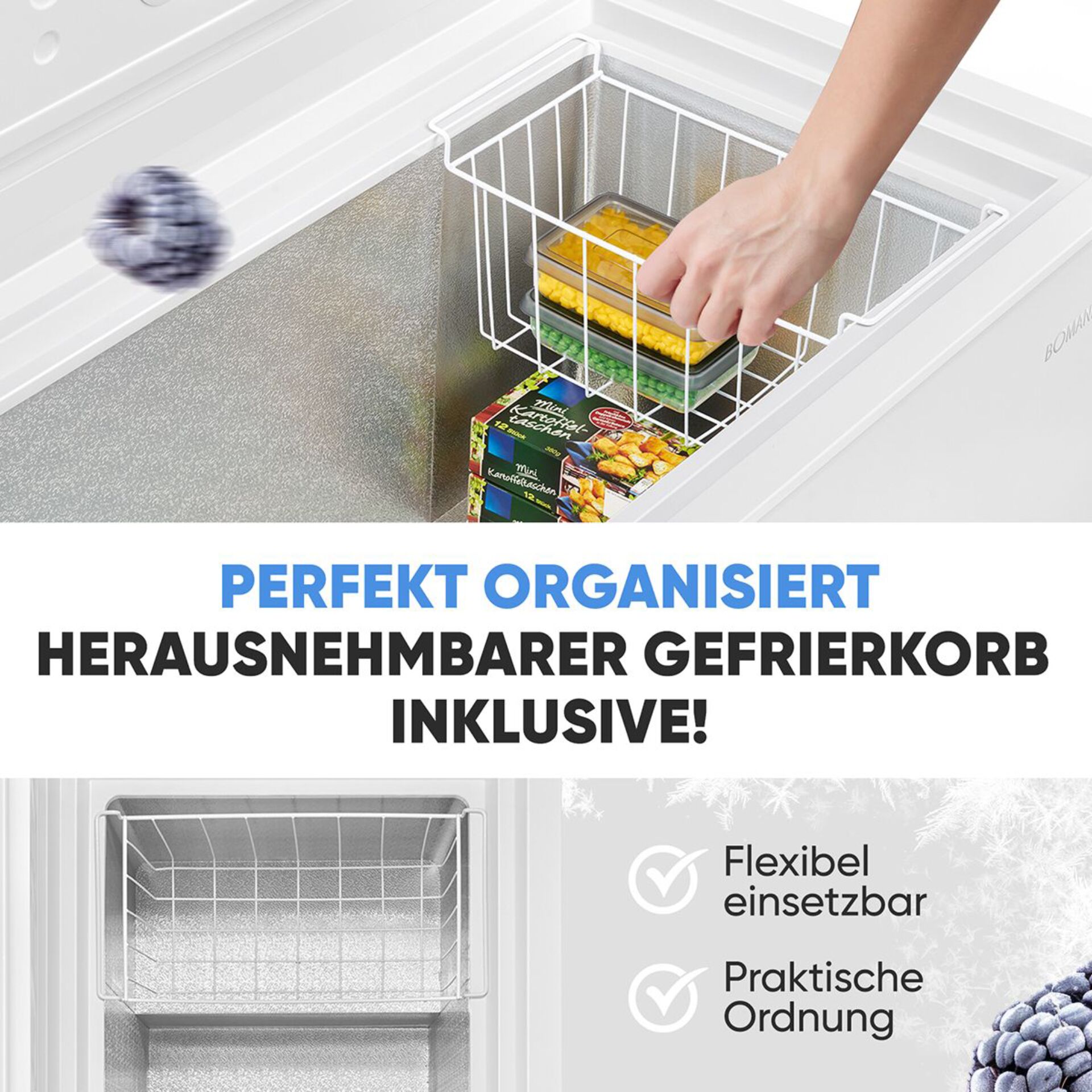 Hand entnimmt einen herausnehmbaren Gefrierkorb mit Lebensmitteln aus einer Gefriertruhe, um Ordnung zu gewährleisten.