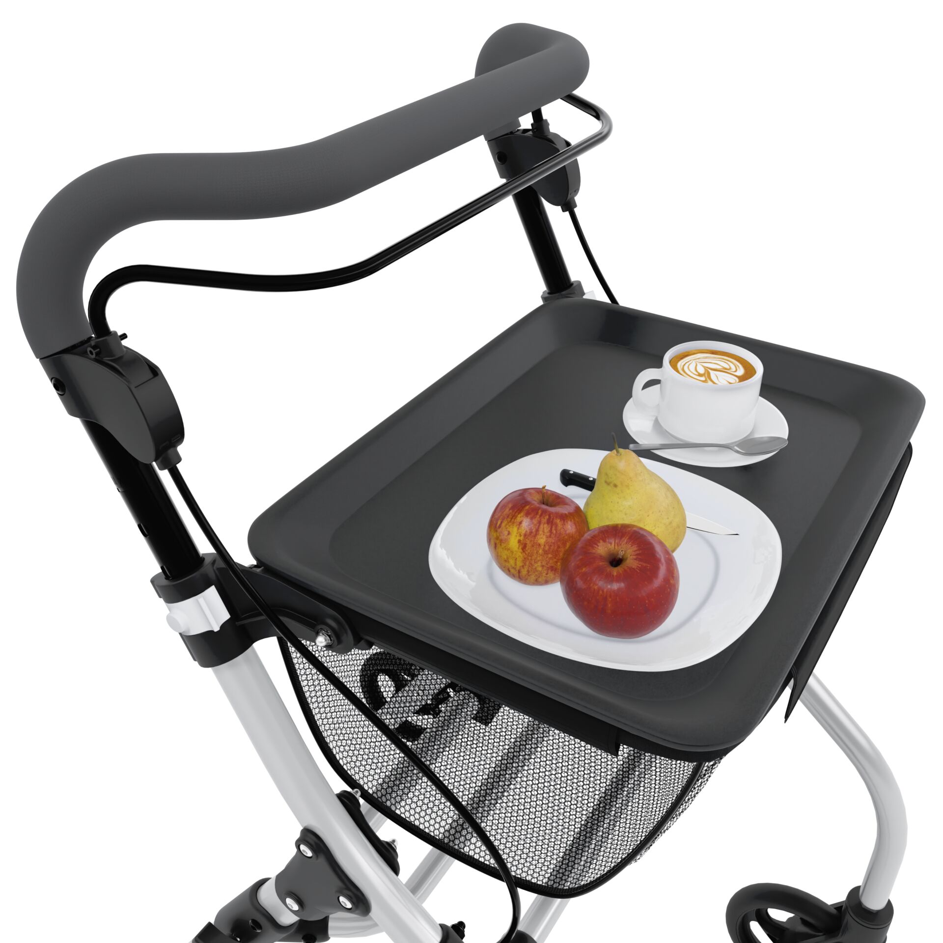 Rollator mit Tablett, auf dem eine Tasse Kaffee, ein Teller mit zwei Äpfeln und einer Birne platziert sind