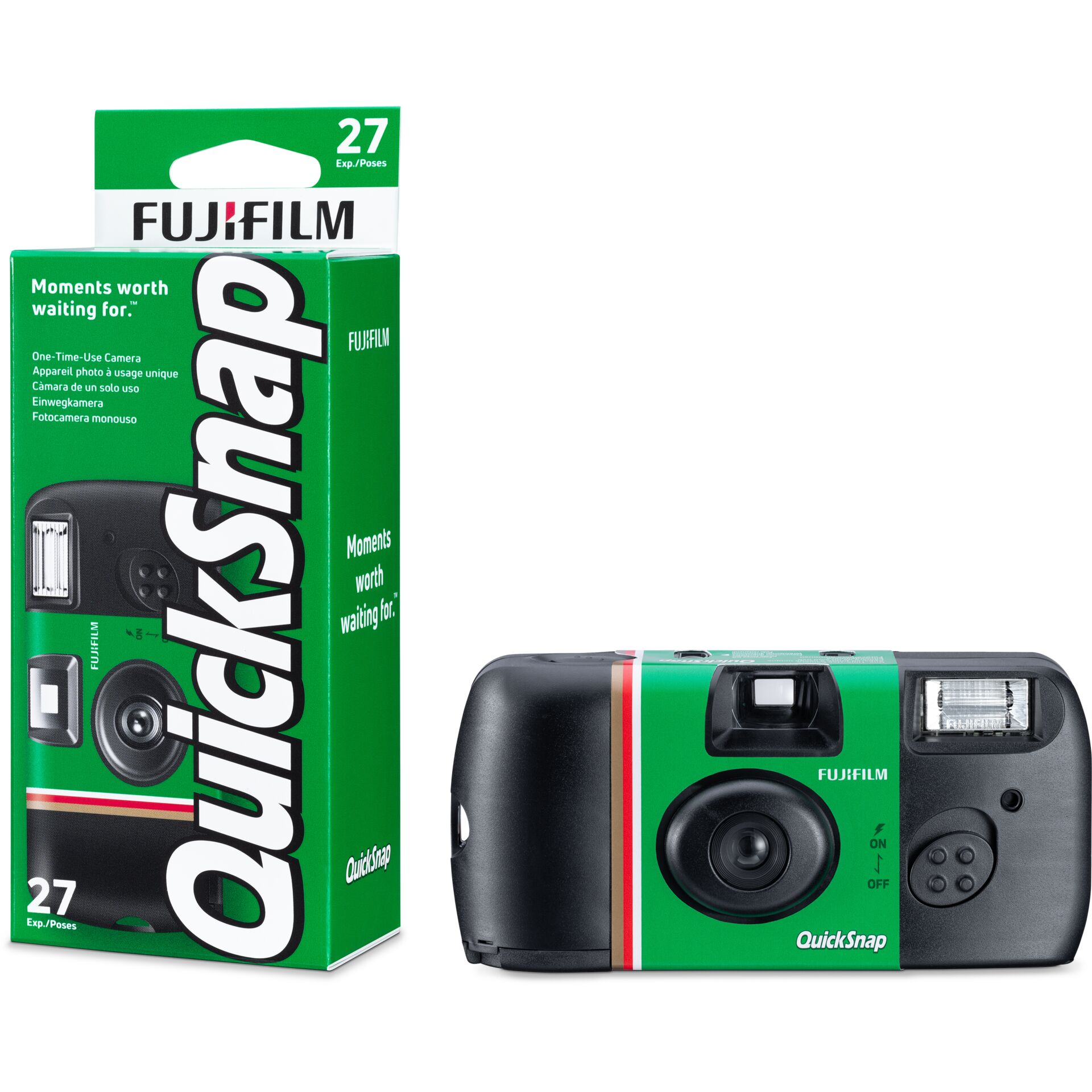 Fujifilm QuickSnap Einwegkamera und Verpackung, 27 Aufnahmen, grün und schwarz, mit Blitz