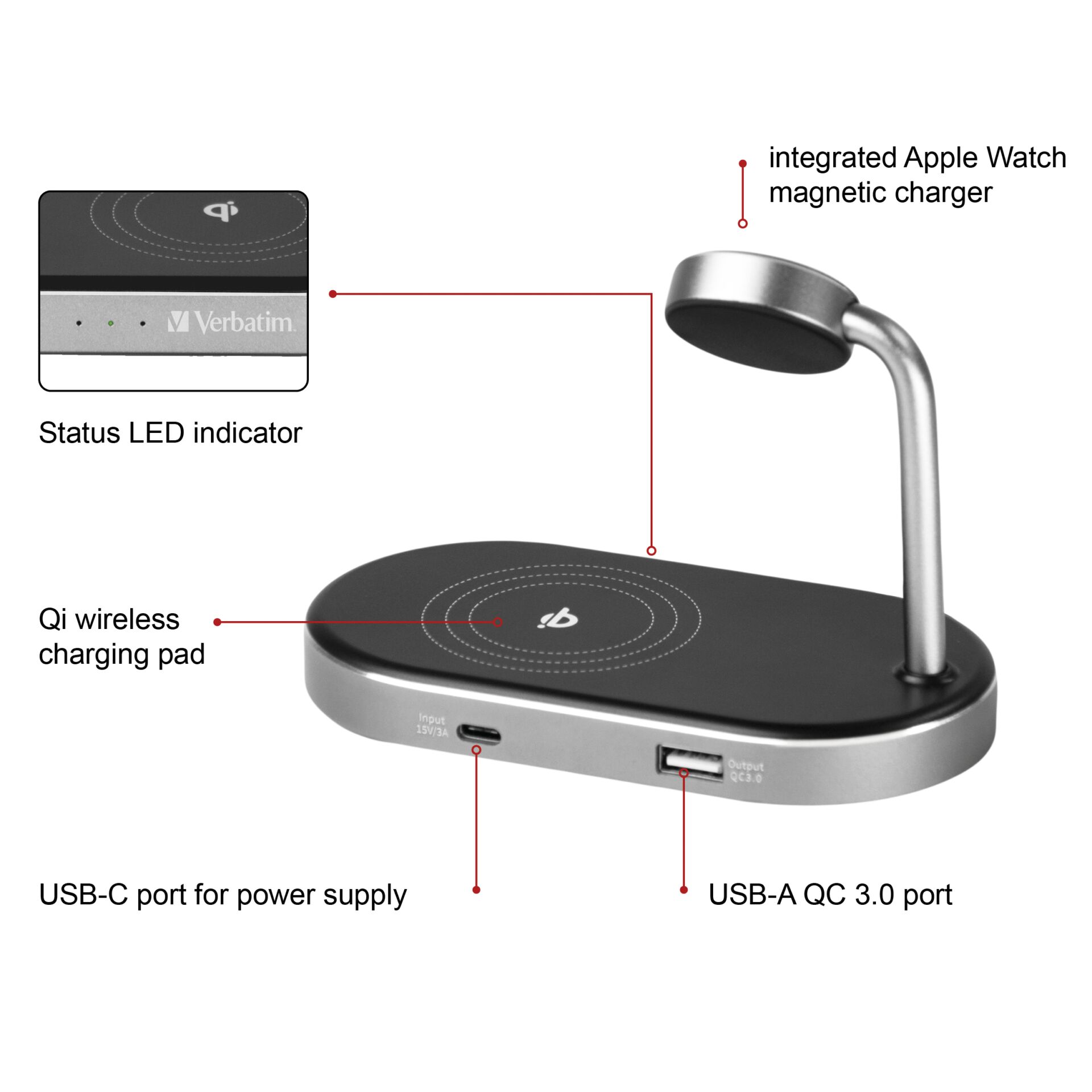 Verbatim WCS-02 Aluminium 3-in-1 Qi MFi WiFi+Appel Watch Charger