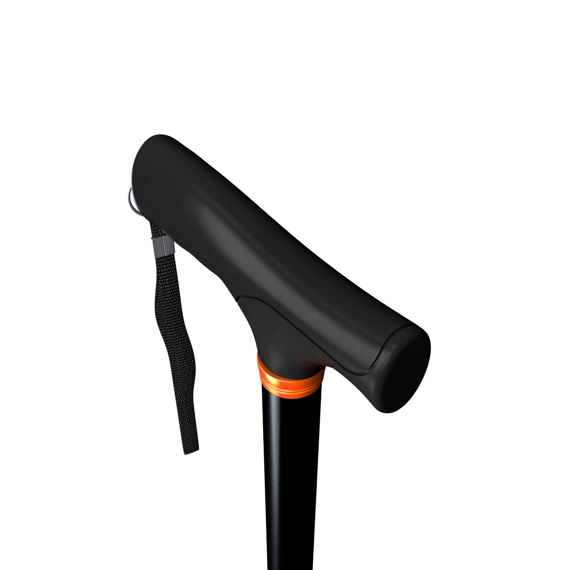 Detailansicht eines ergonomischen Wanderstocks mit schwarzem Griff und Handschlaufe