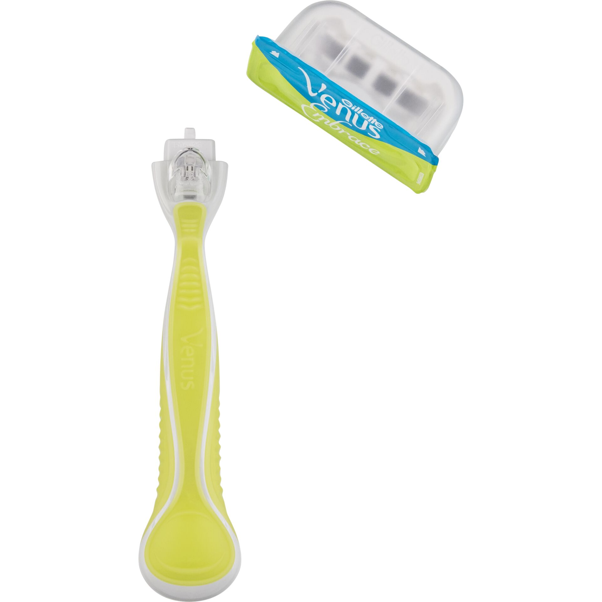 Gillette Venus Rasierer inklusive gelber Griff und Ersatzklingen im Behälter