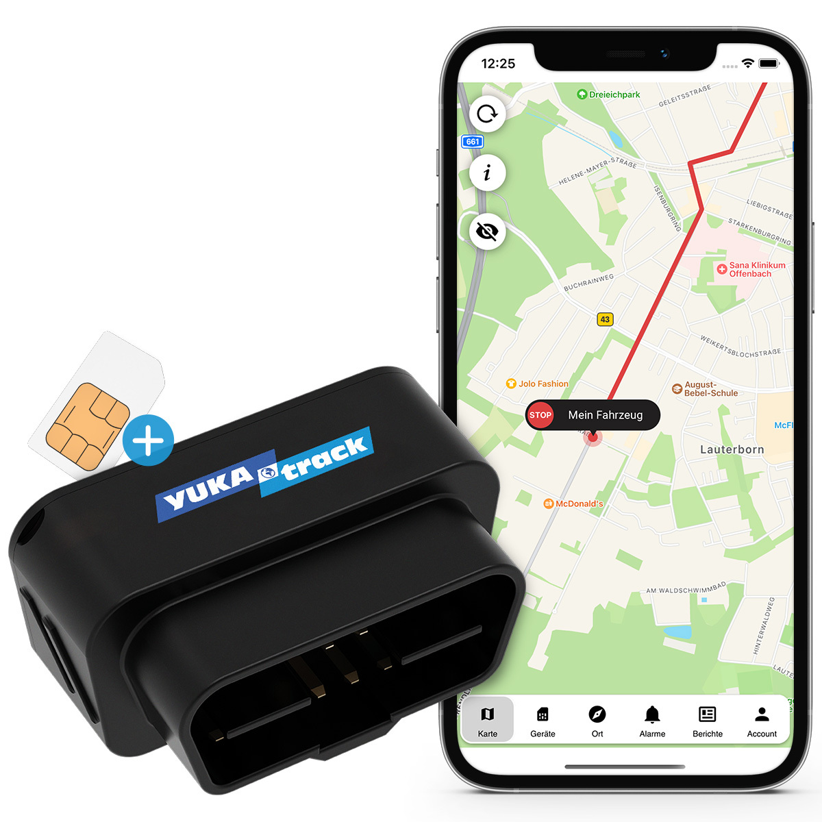 Abbildung eines OBD-Fahrzeug-Trackers mit einer Smartphone-App, auf der eine Karte mit Fahrzeugposition angezeigt wird. Inklusive SIM-Karte für GPS-Tracking.