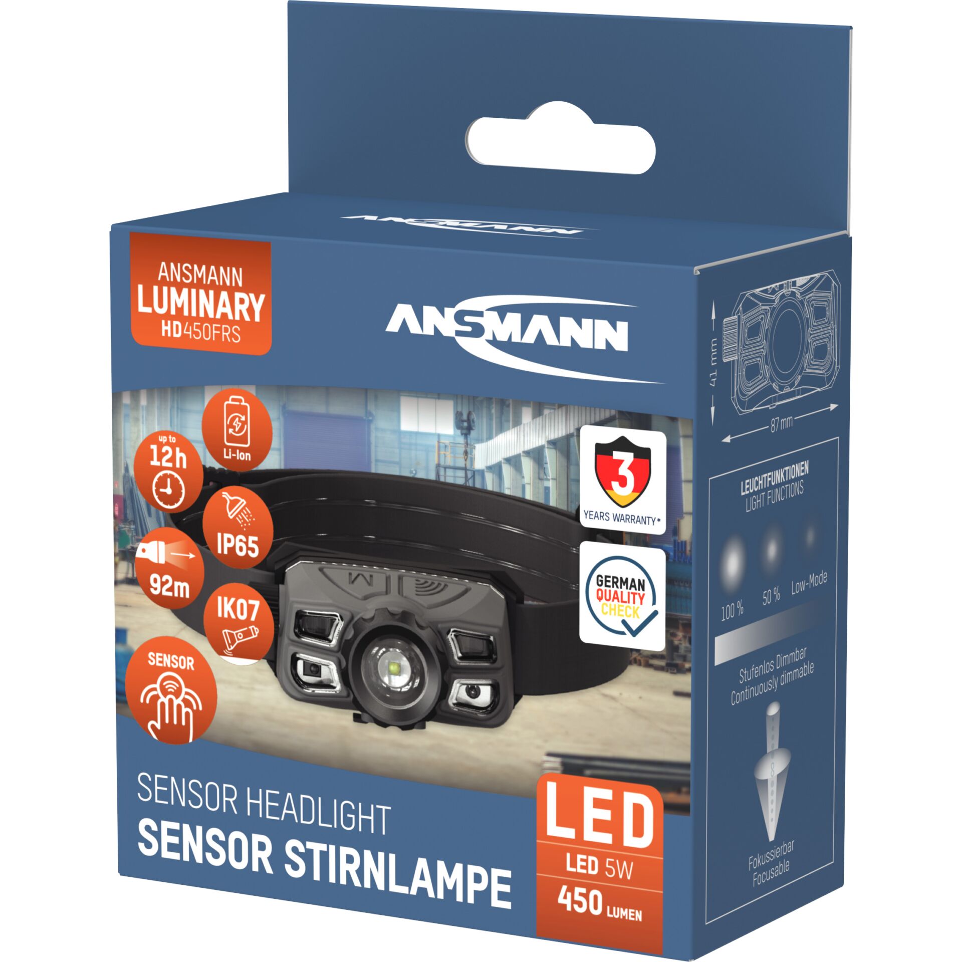 Ansmann Headlight HD450FRS Dimmbar, Li-Ion, USB-C 1600-0528