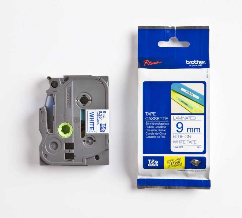 Schriftband TZe-223 (lam.) Blau auf Weiß BxL 9mm x 8m
