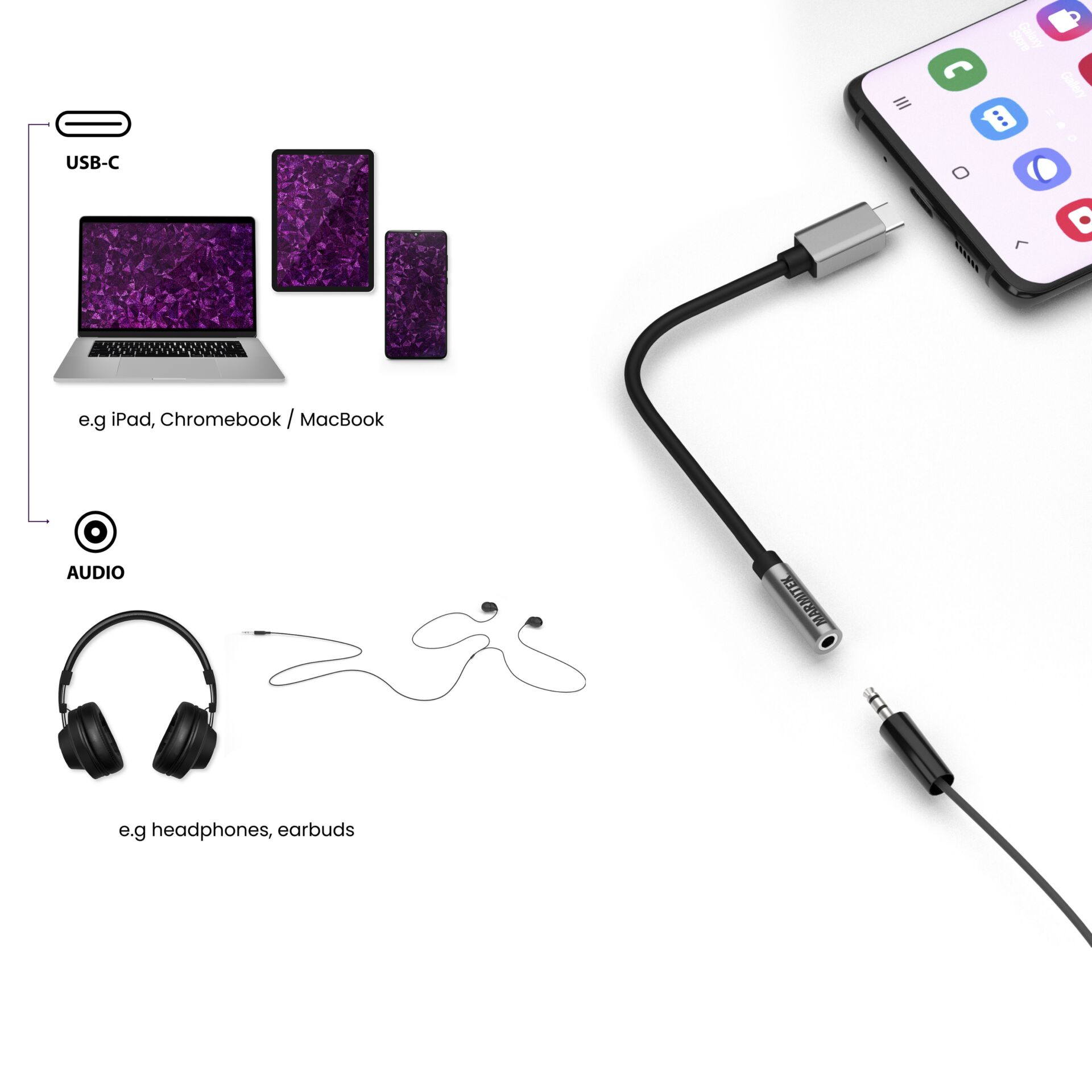 Marmitek 08374 Handykabel Schwarz, Silber 0,15 m USB C 3.5mm 674186_06