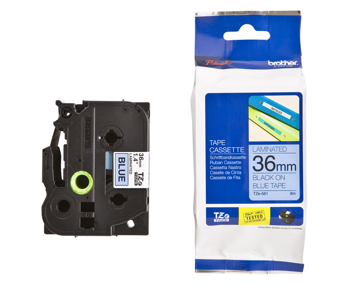 Schriftband TZe-561 (lam.) Schwarz auf Blau 36 mm x 8 m