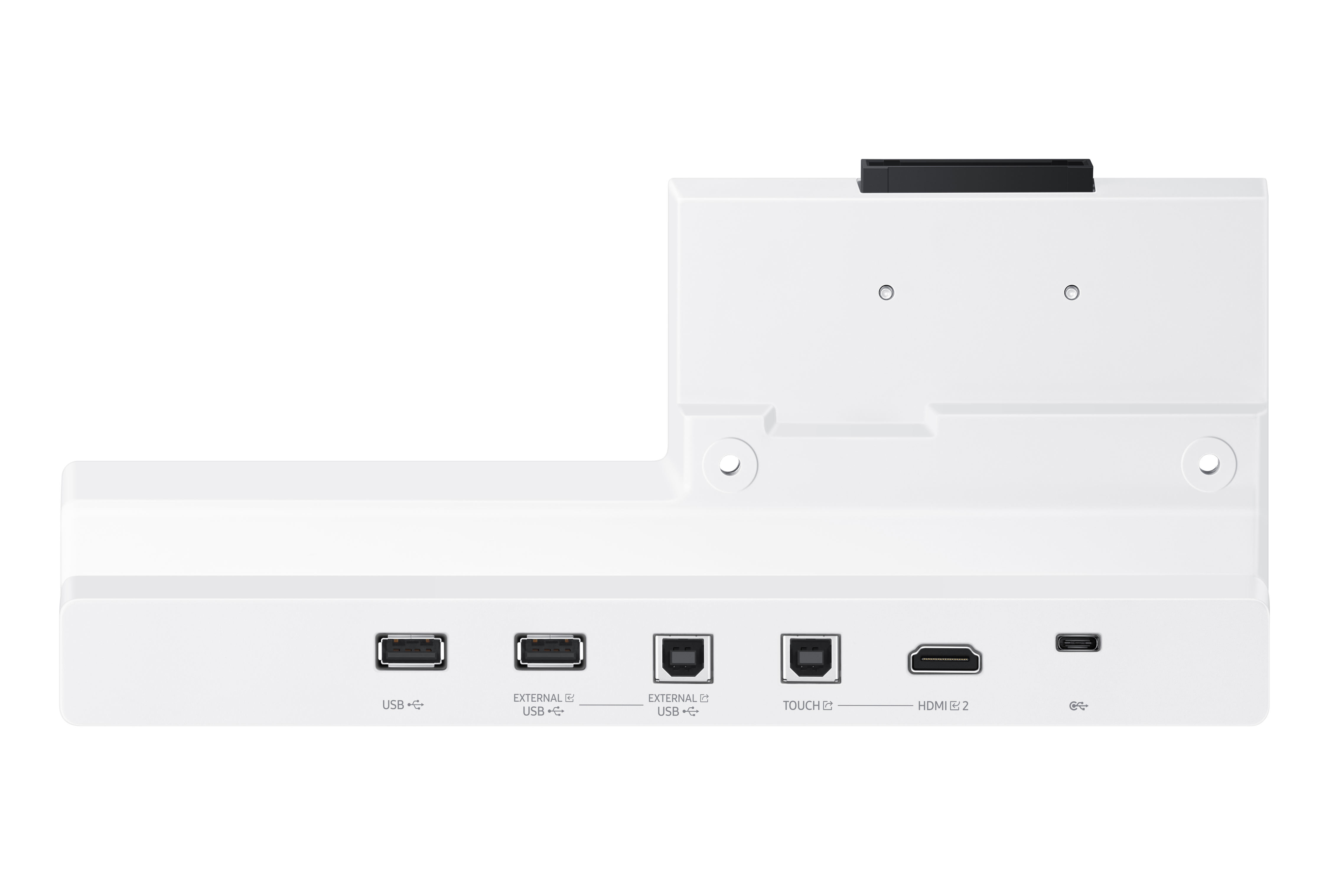 Nahaufnahme einer weißen Dockingstation mit USB-, HDMI- und anderen Anschlüssen