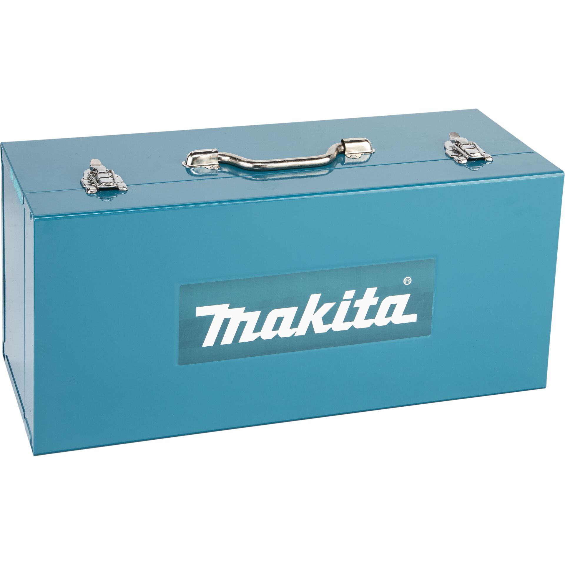 Türkise Makita Werkzeugkiste aus Metall mit Griff und Verschlüssen