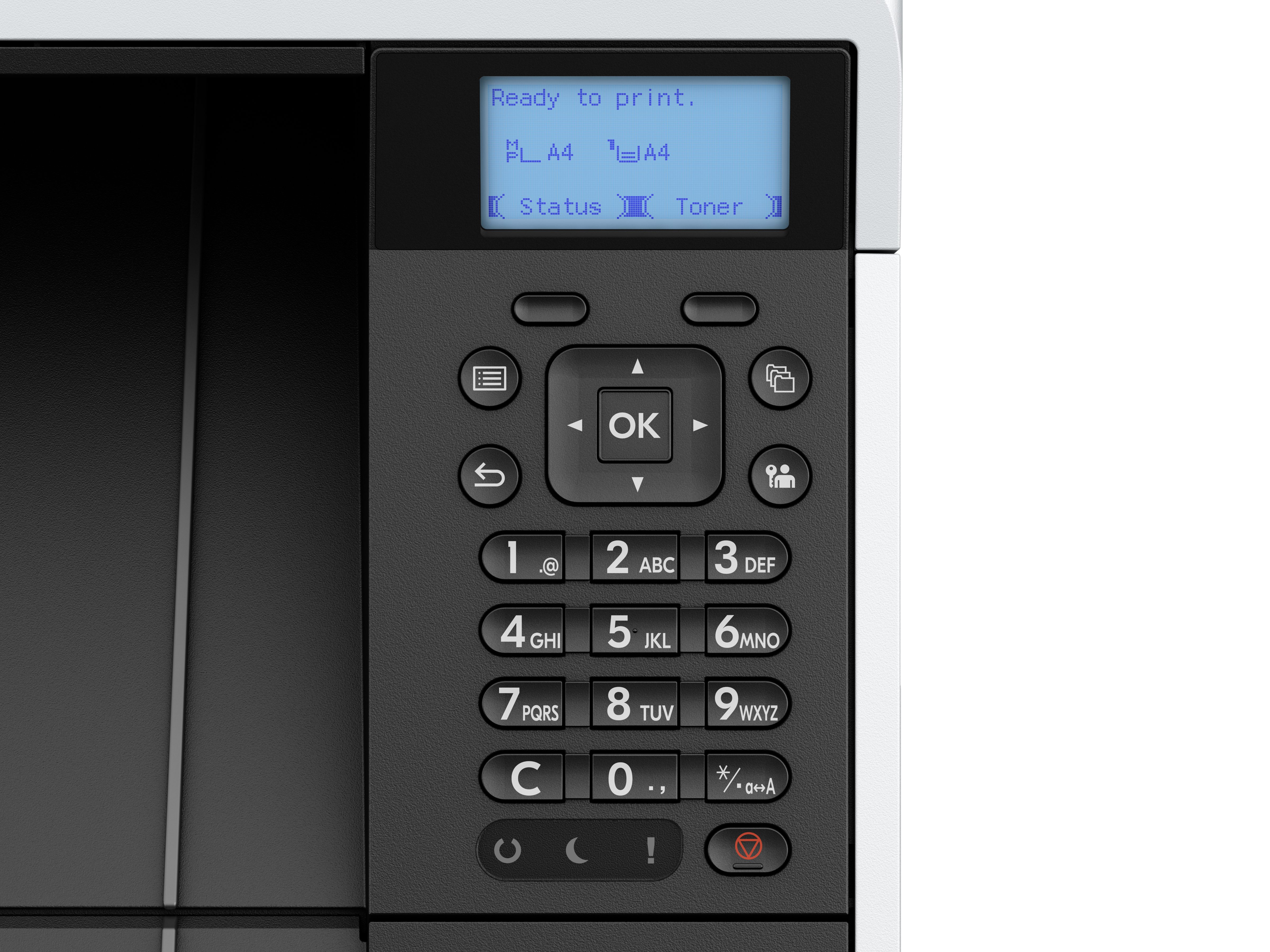 Nahaufnahme eines Druckerbedienfelds, das eine LCD-Anzeige und numerische Tastatur zeigt. Der Bildschirm zeigt den Status 'Bereit zum Drucken' an.