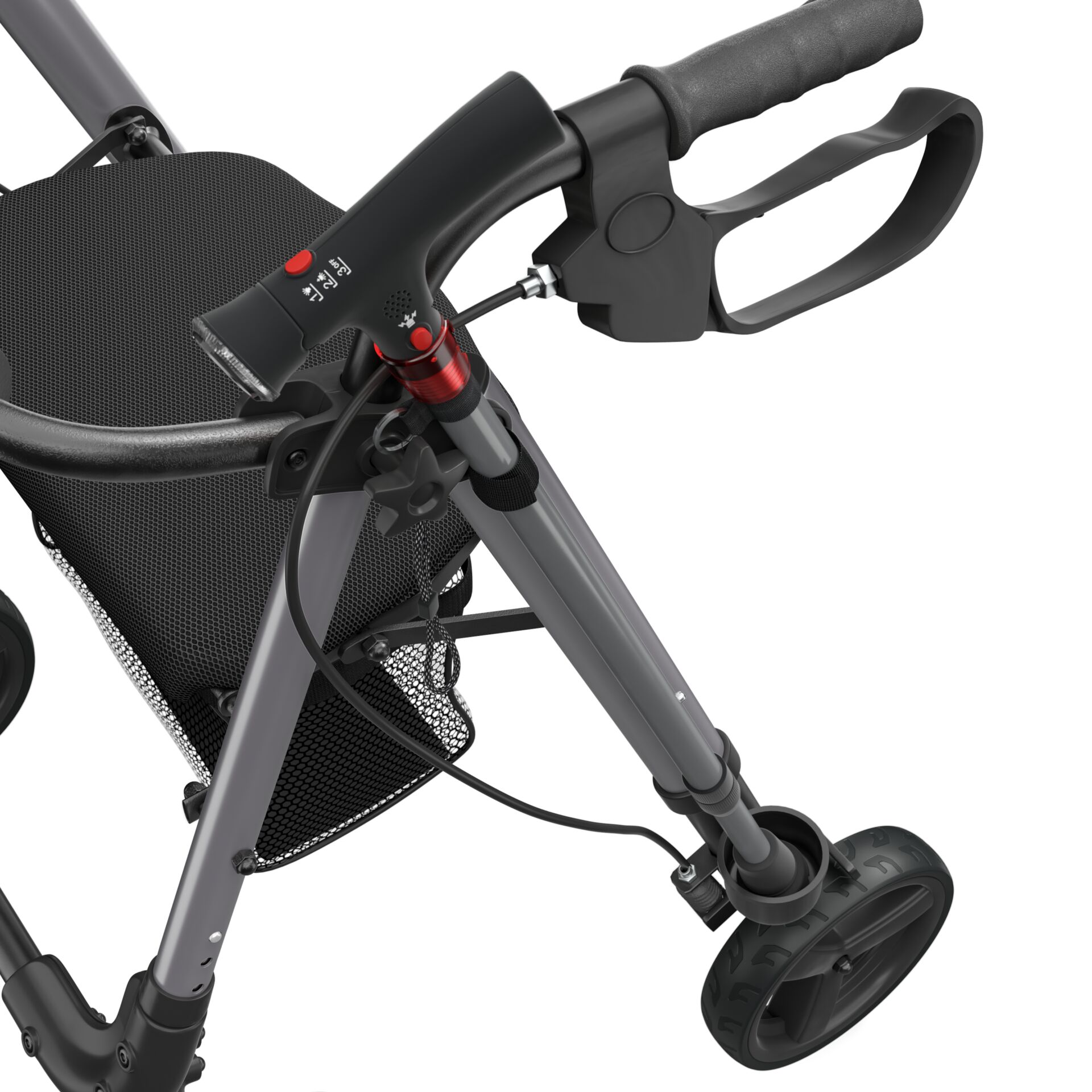 Detailansicht eines modernen Rollators mit ergonomischem Griff und Bremssystem in der Nahaufnahme