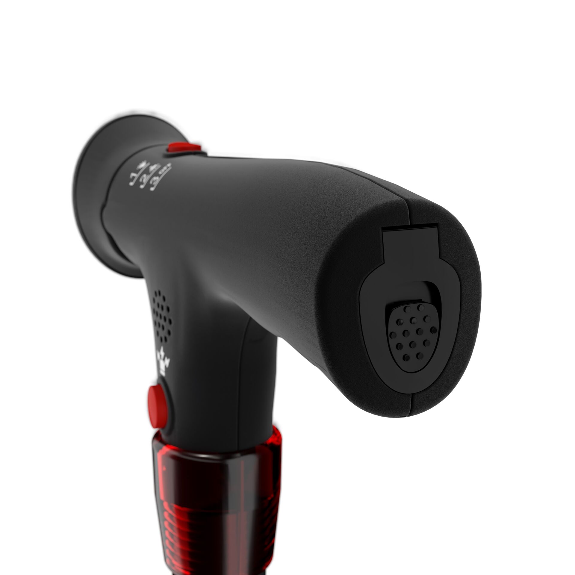 Nahaufnahme eines schwarzen Handstaubsaugers mit rotem Knopf und ergonomischem Design