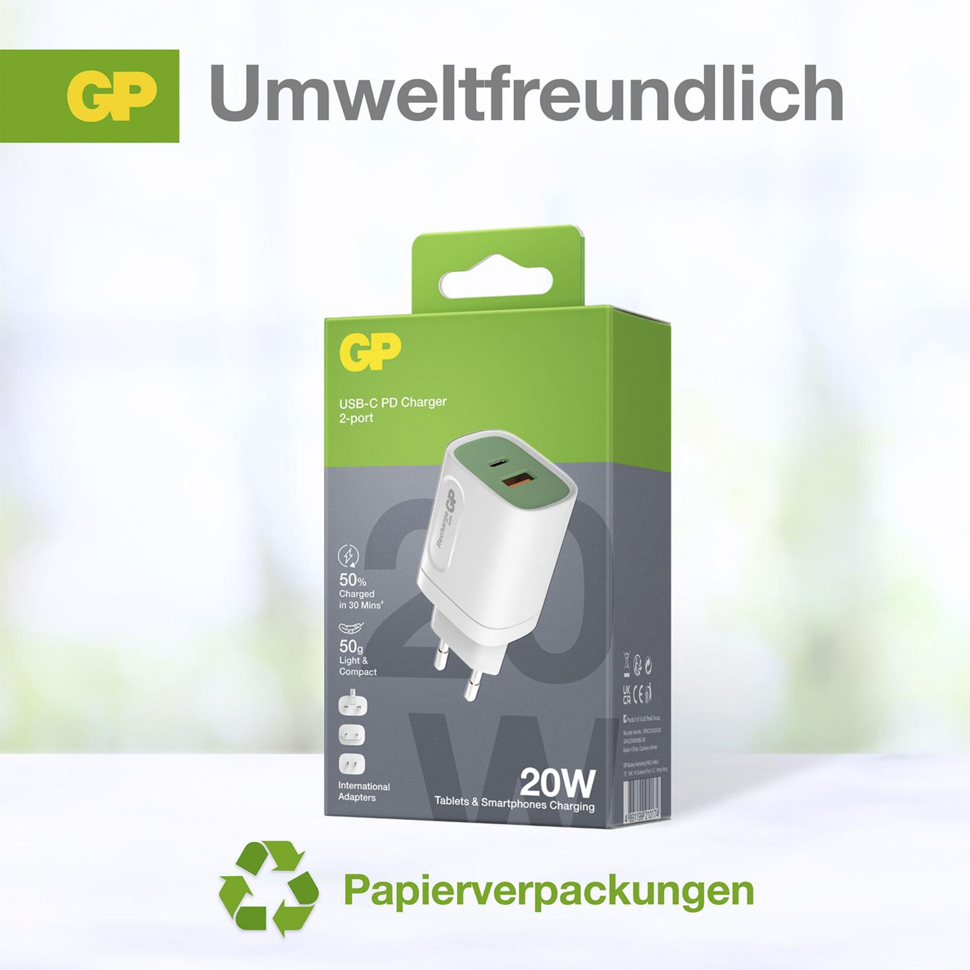 GP 20W USB-A & USB-C Ladestecker inkl. Adapter für EU,CN und UK