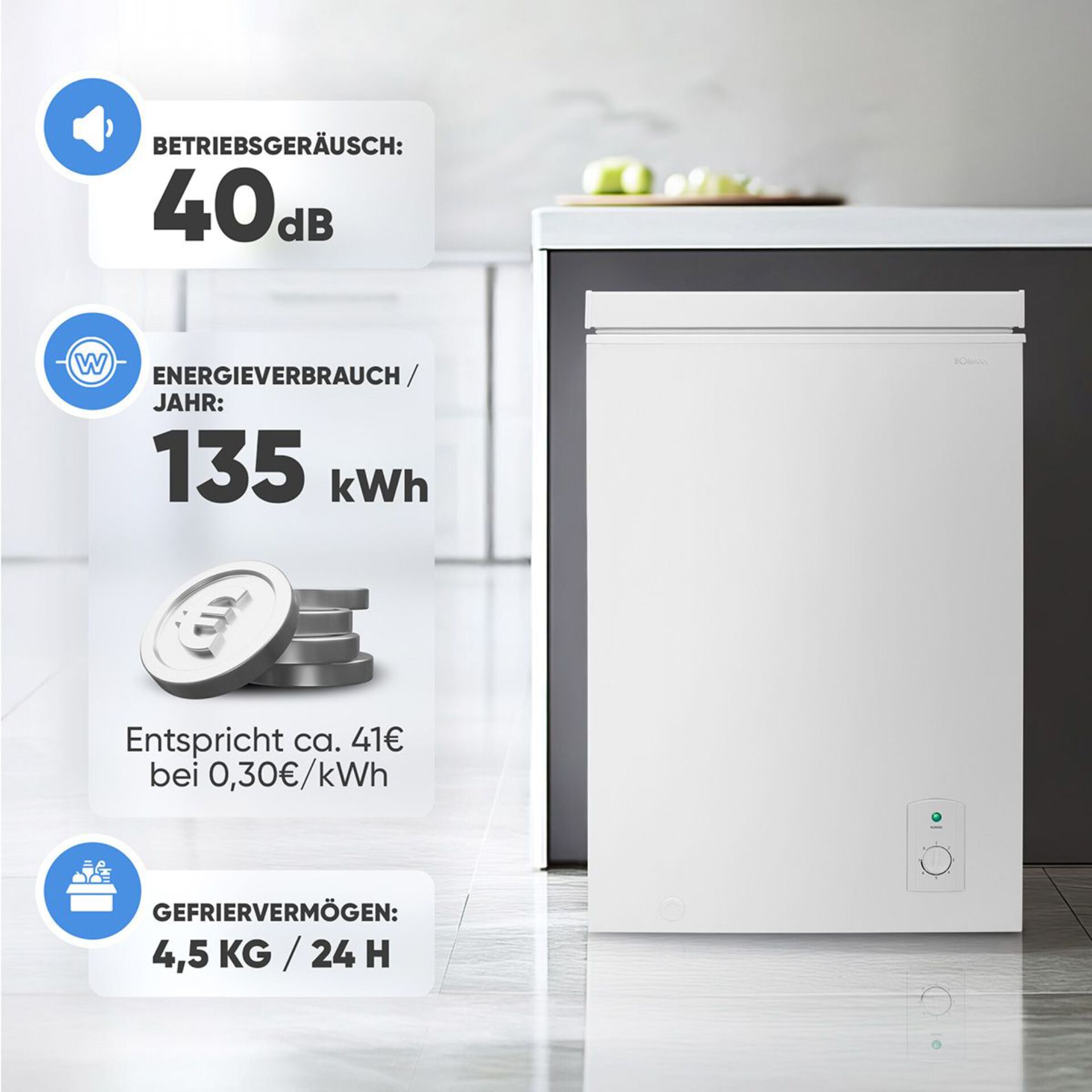 Moderne Gefriertruhe neben Küchentisch mit Energieverbrauch von 135 kWh pro Jahr; leise mit 40 dB Betriebsgeräusch; Gefriervermögen 4,5 kg/24h