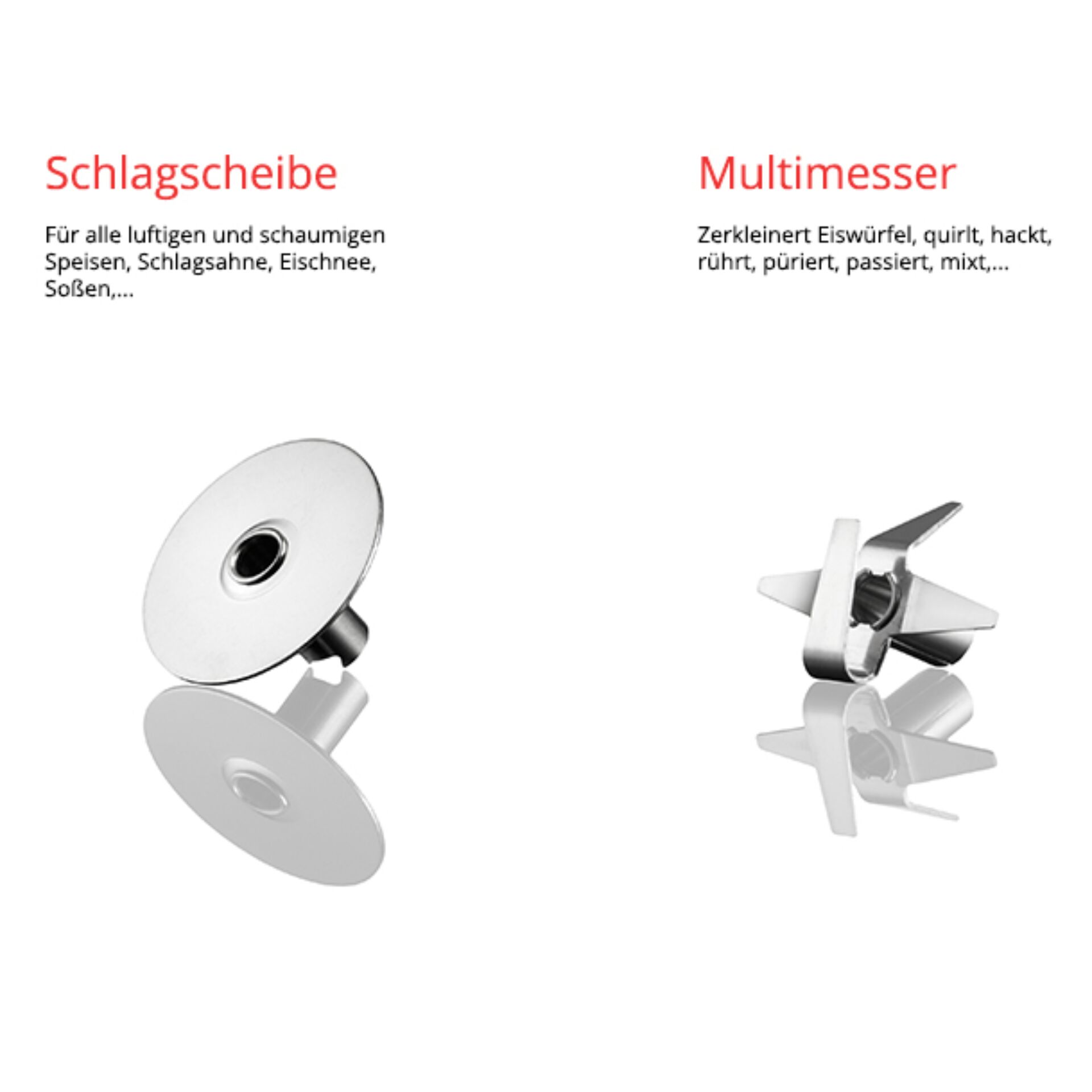 Schlagscheibe zur Zubereitung von luftigen Speisen und Multimesser zum Zerkleinern, Quirlen und Mixen in Küchenmaschinen