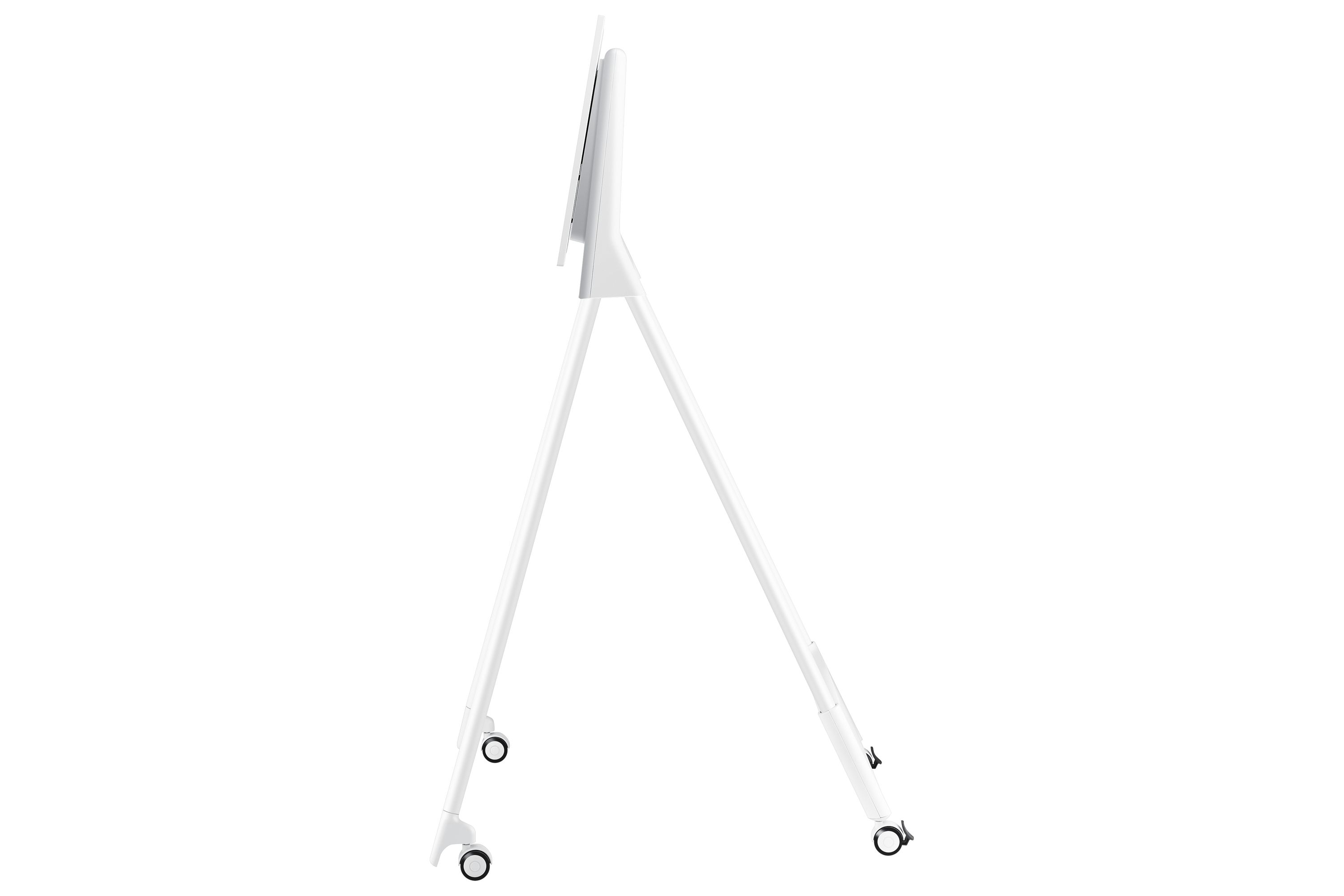 Seitliche Ansicht eines schwenkbaren Whiteboard-Ständers mit Rollen und schlankem Design