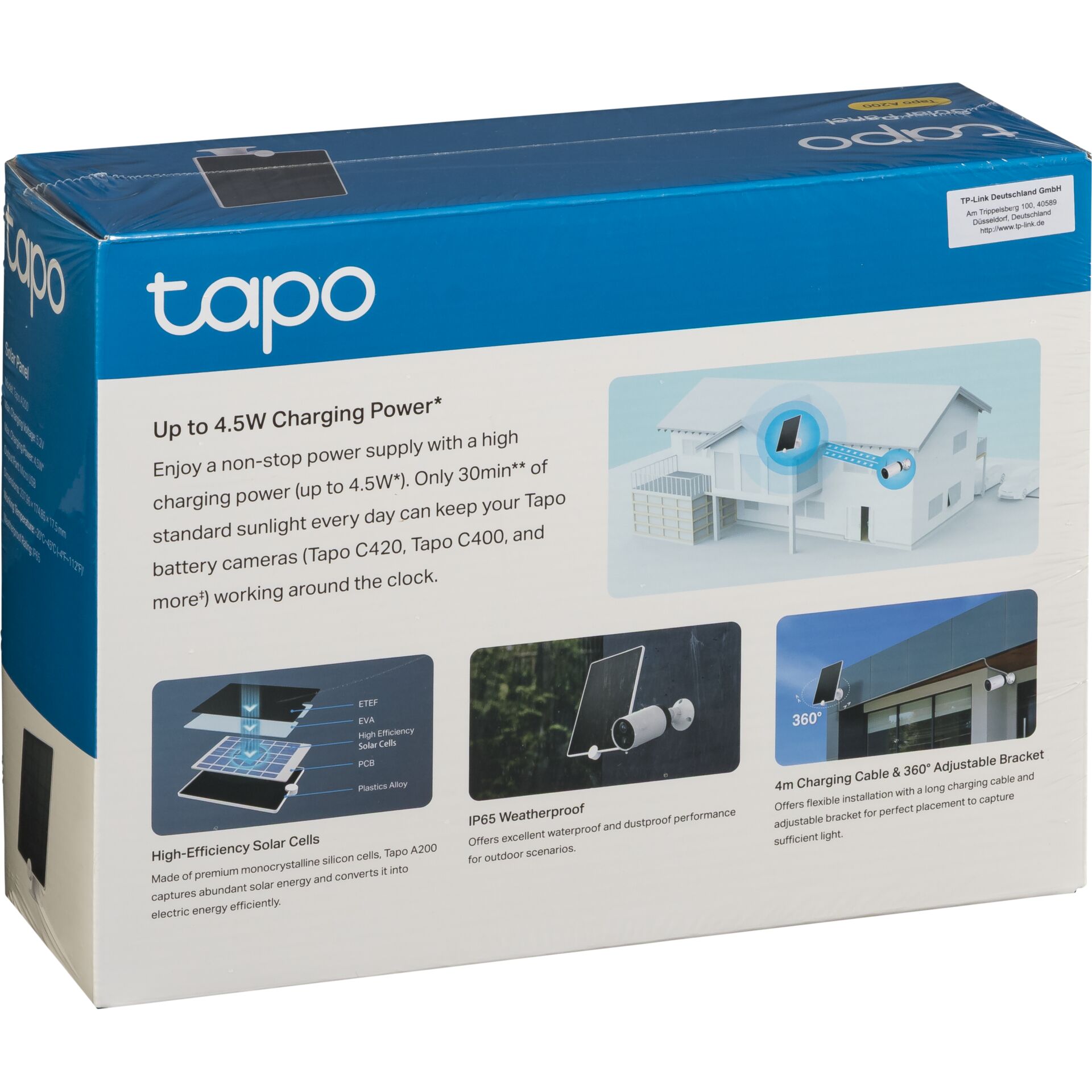 Verpackung eines Tapo Solarpanels mit Informationen über Ladekapazität und Wetterfestigkeit