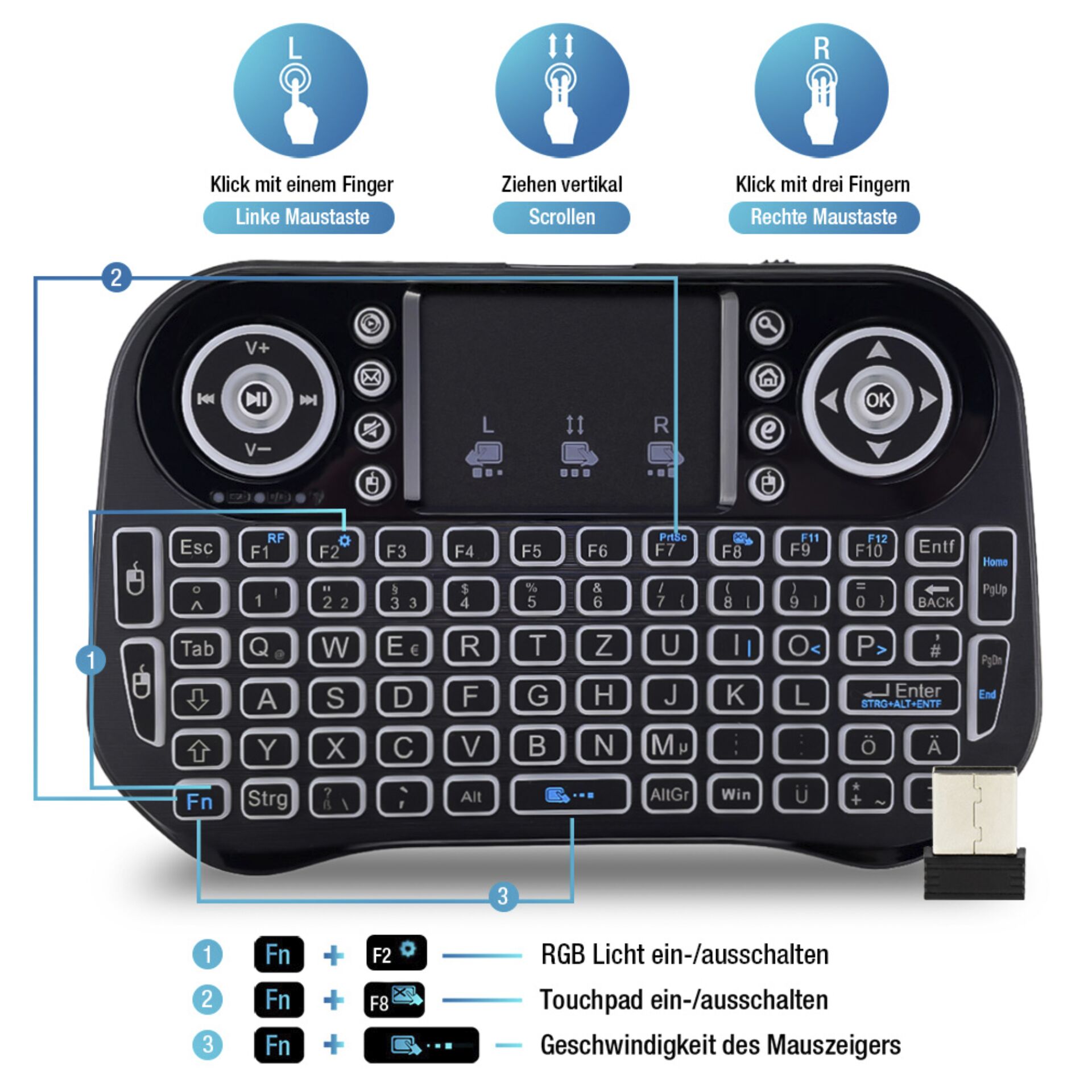 Fantec WK-300 RGB Mini Tastatur Wireless