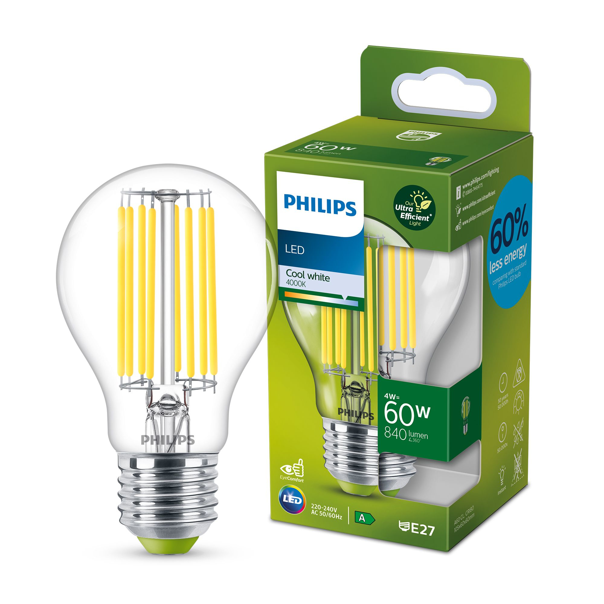 Philips Classic LED-A-Label Lampe 60W E27 Kaltweiß klar 1er P