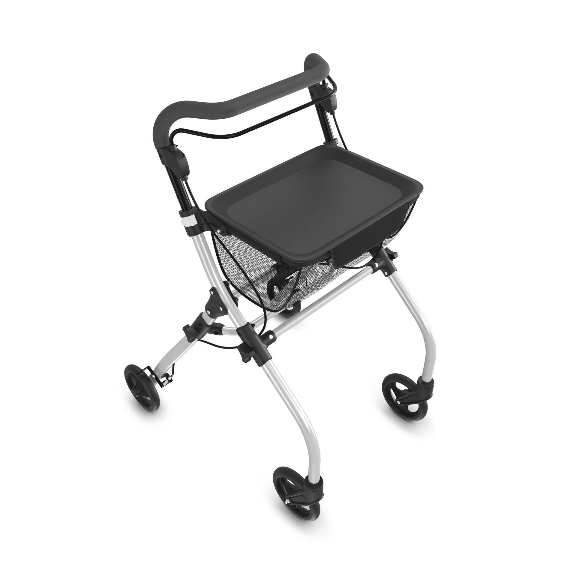 Moderner Rollator mit schwarzer Sitzfläche und praktischem Ablagekorb, ideal für Mobilitätsunterstützung