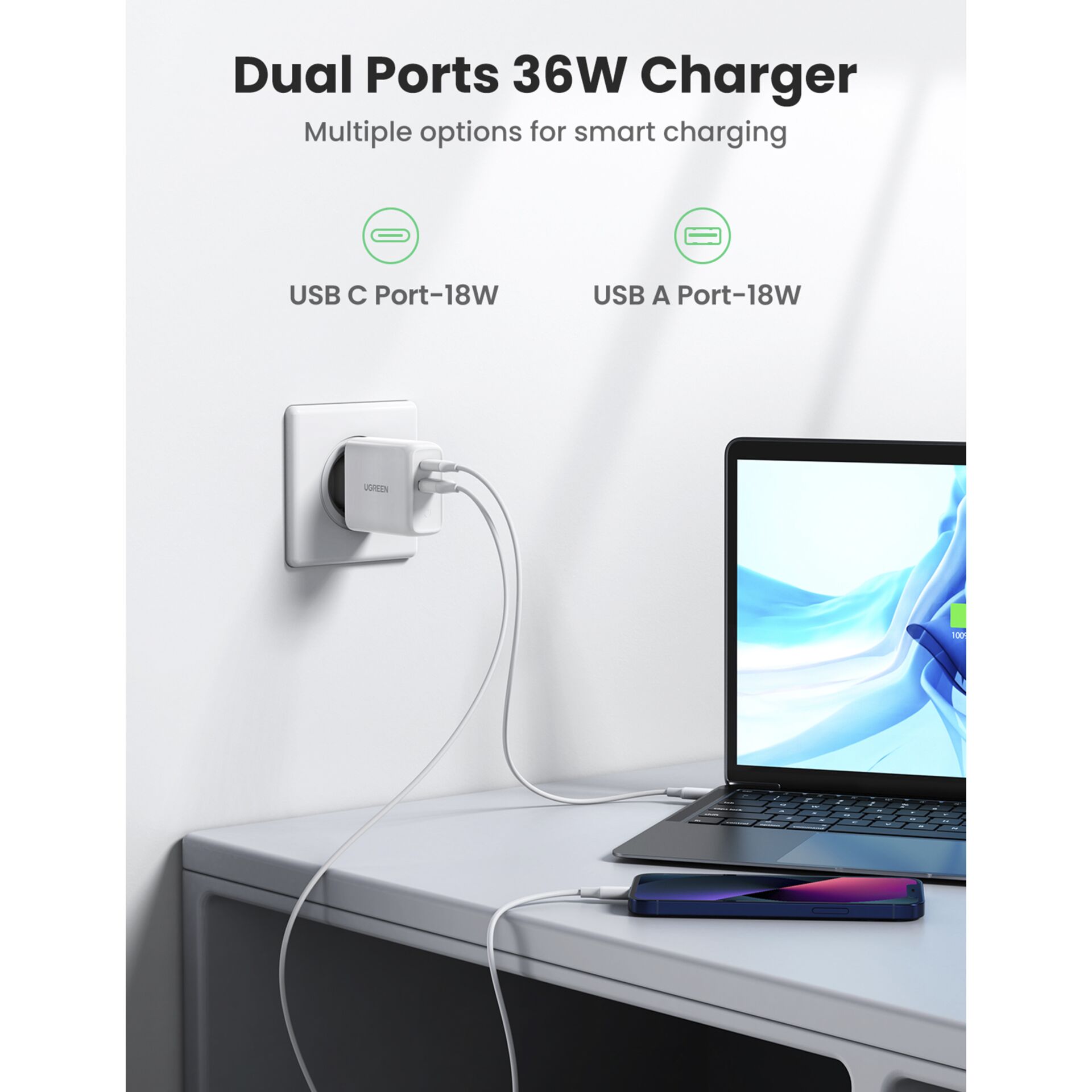 UGREEN 36W Dual Port Charger EU USB-A/USB-C