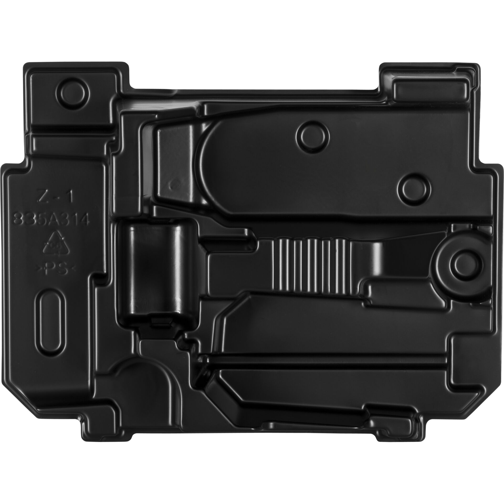 Schwarzes Kunststoffteil mit rechteckiger Form, strukturierten Details und geprägter Beschriftung Z-1, 835A314, PS