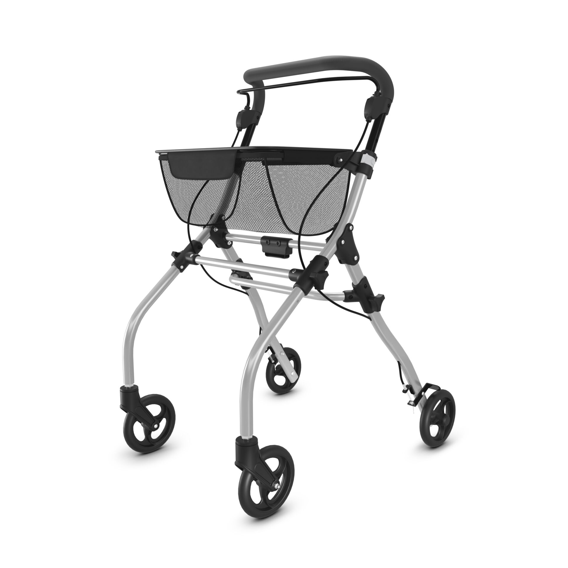 Leichter und stabiler Rollator aus Aluminium mit integriertem Korb, ideal für Senioren zur Unterstützung beim Gehen.