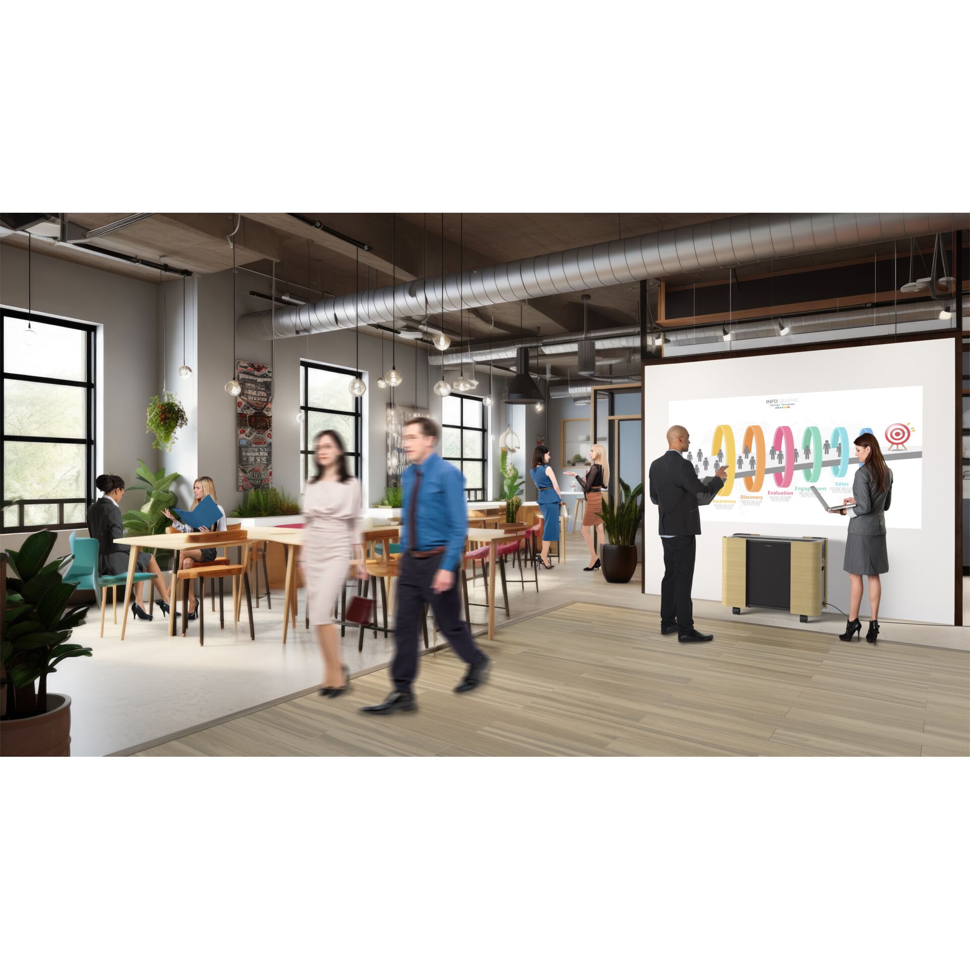 Menschen arbeiten und interagieren in einem modernen Büroraum mit Coworking-Bereich; im Hintergrund läuft eine Präsentation auf einem Großbildschirm.