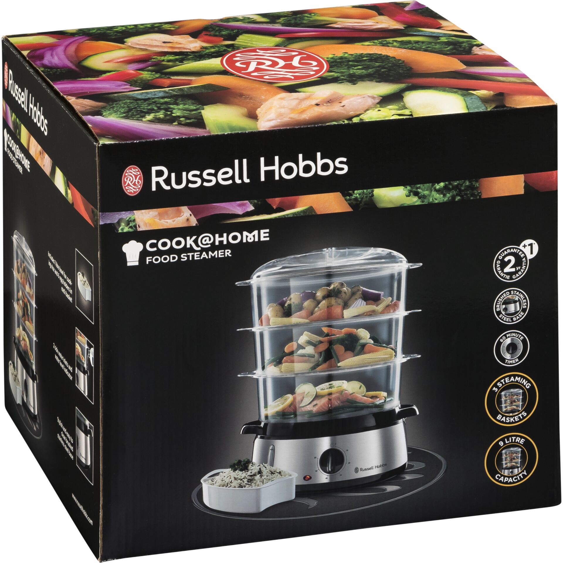 Verpackung des Russell Hobbs Cook@Home Dampfgarers mit drei Dampffächern und Gemüseabbildung