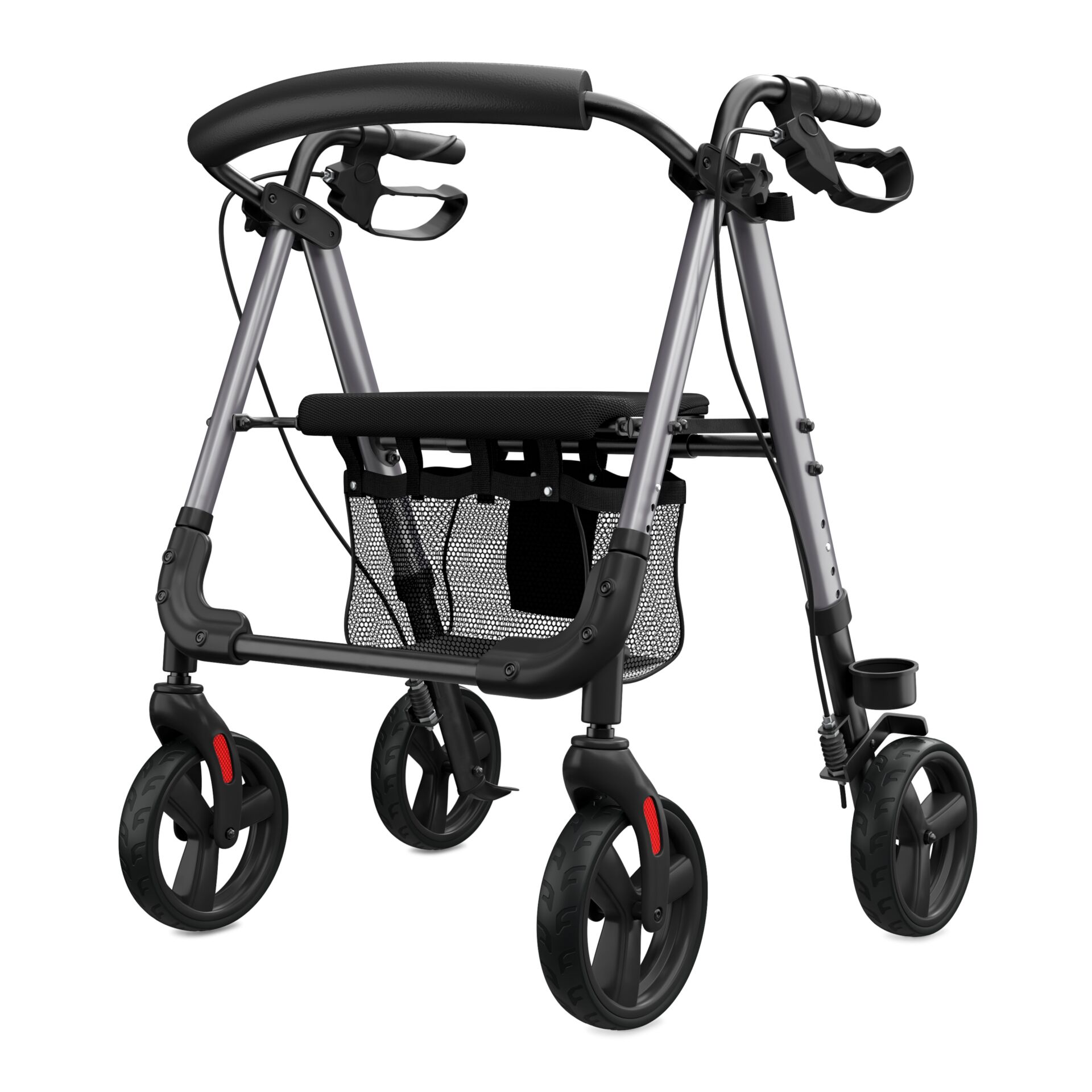 Moderner Rollator aus leichtem Material mit ergonomischen Griffen und praktischem Korb