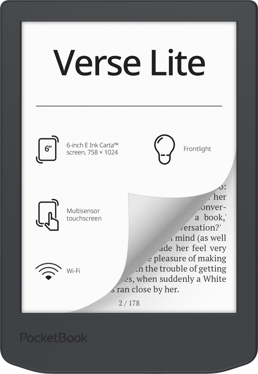 Bild eines E-Readers von PocketBook, Modell Verse Lite, mit 6-Zoll E Ink Carta Bildschirm, Multisensor-Touchscreen und integrierter Frontbeleuchtung. Unterstützt Wi-Fi.