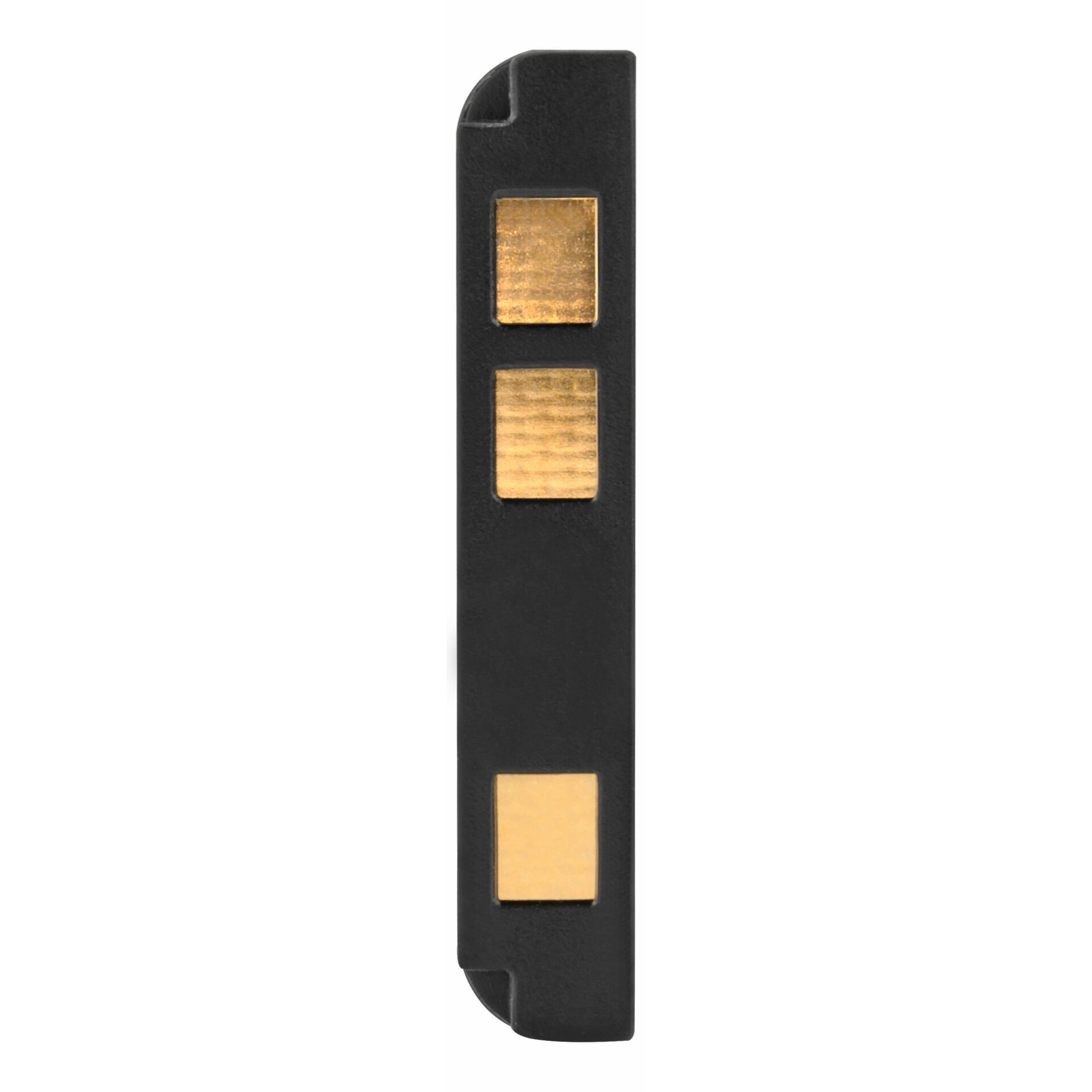 Seitlicher Blick auf einen schwarzen Metallclip mit goldfarbenen Akzenten