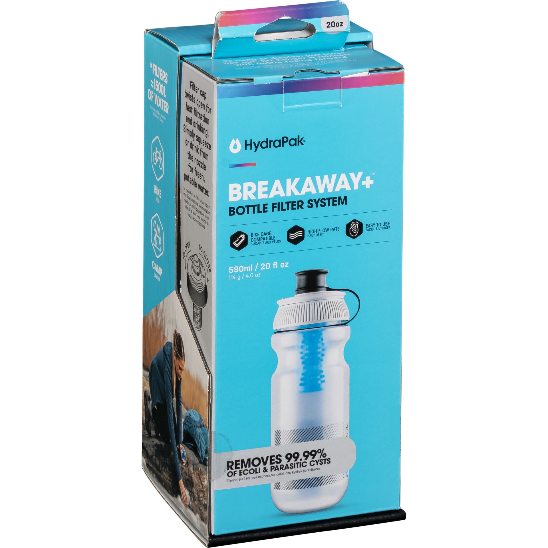 Verpackung des HydraPak Breakaway+ Flaschenfiltersystems mit einer Flasche auf der Vorderseite, geeignet für Camping und Fahrradfahren, entfernt 99,99% von E. coli und parasitären Zysten.