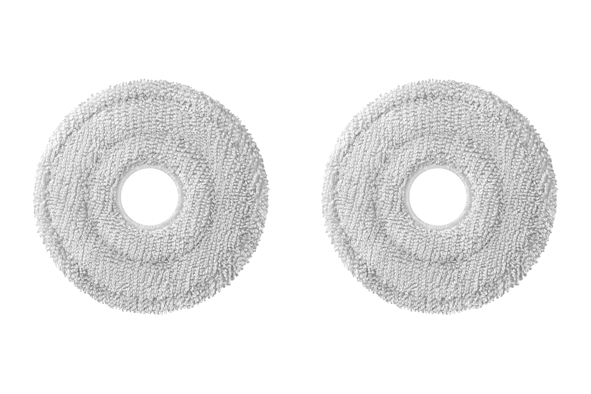 Zwei runde Mikrofaser-Ersatzpads für Wischmop in Weiß auf weißem Hintergrund