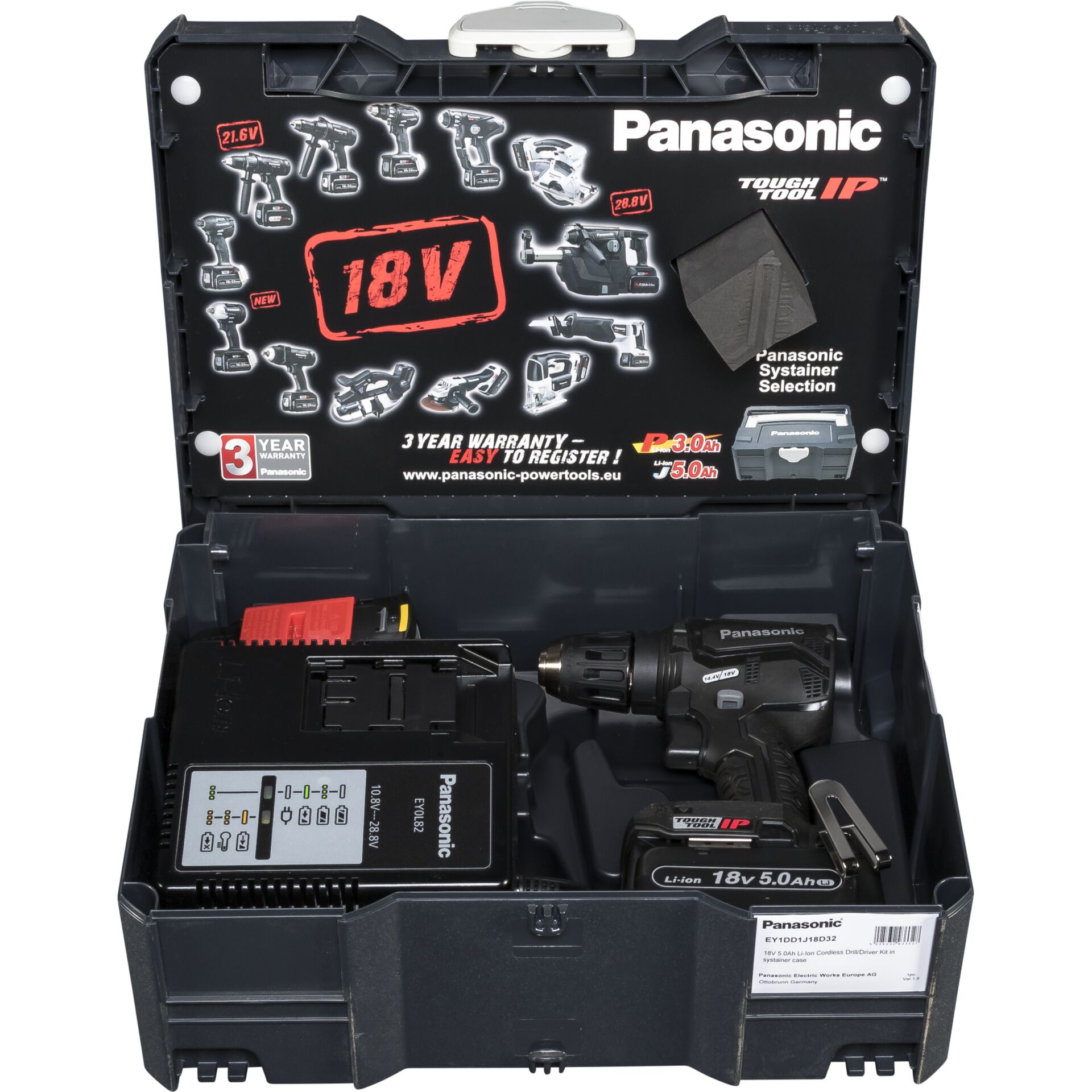 Panasonic 18V Akku-Bohrschrauber Set in offenem Transportkoffer mit Ladegerät und Zubehör
