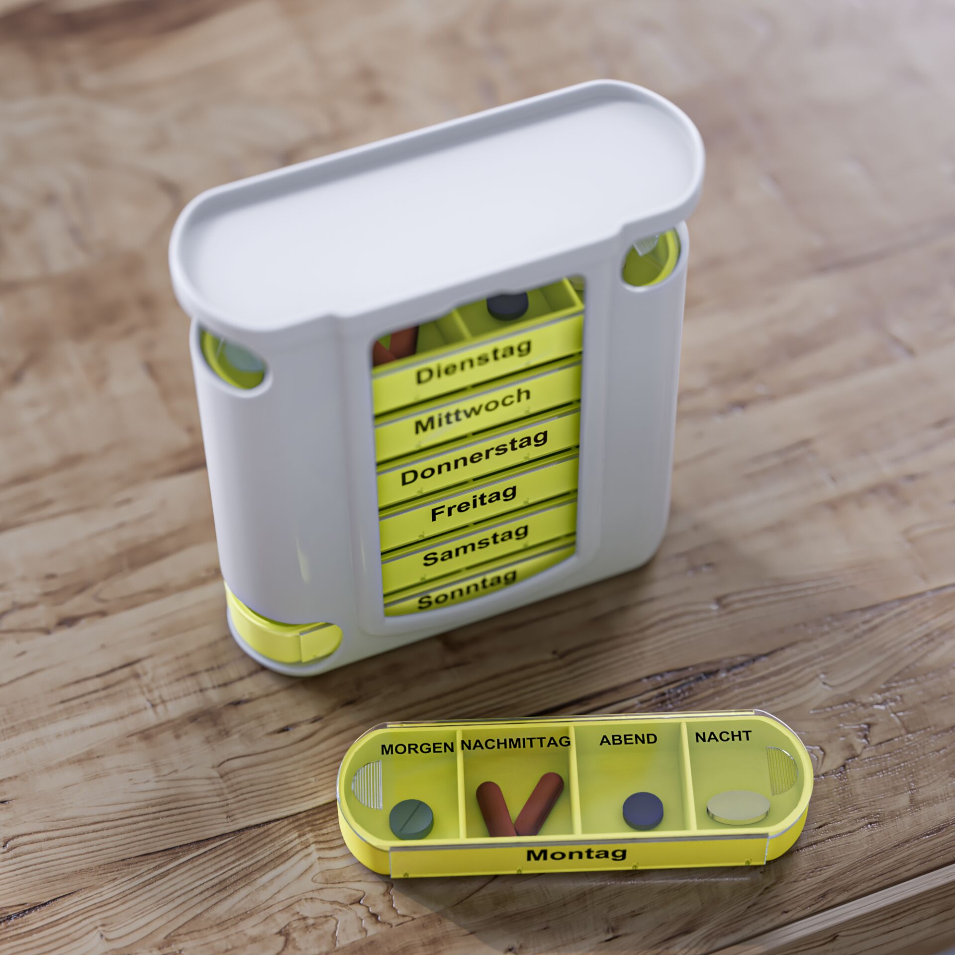 Pillenbox für die Woche mit einzelnen Fächern für jeden Tag und Unterteilung nach Tageszeiten