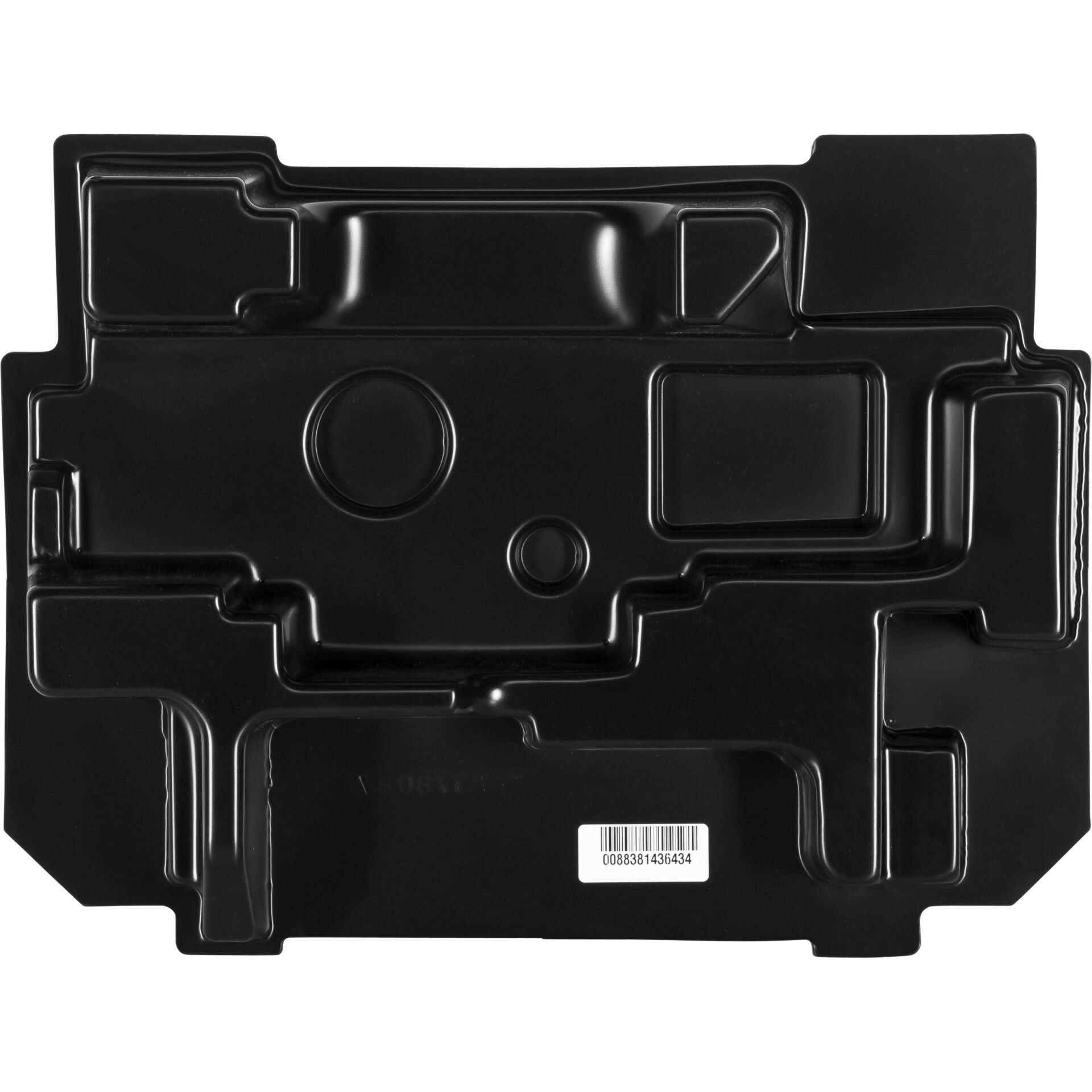 Schwarze Kunststoffabdeckung für Autoreparaturen Naheaufnahme einer schwarzen Kunststoffabdeckung mit spezifischen Aussparungen, geeignet für Autoreparaturen