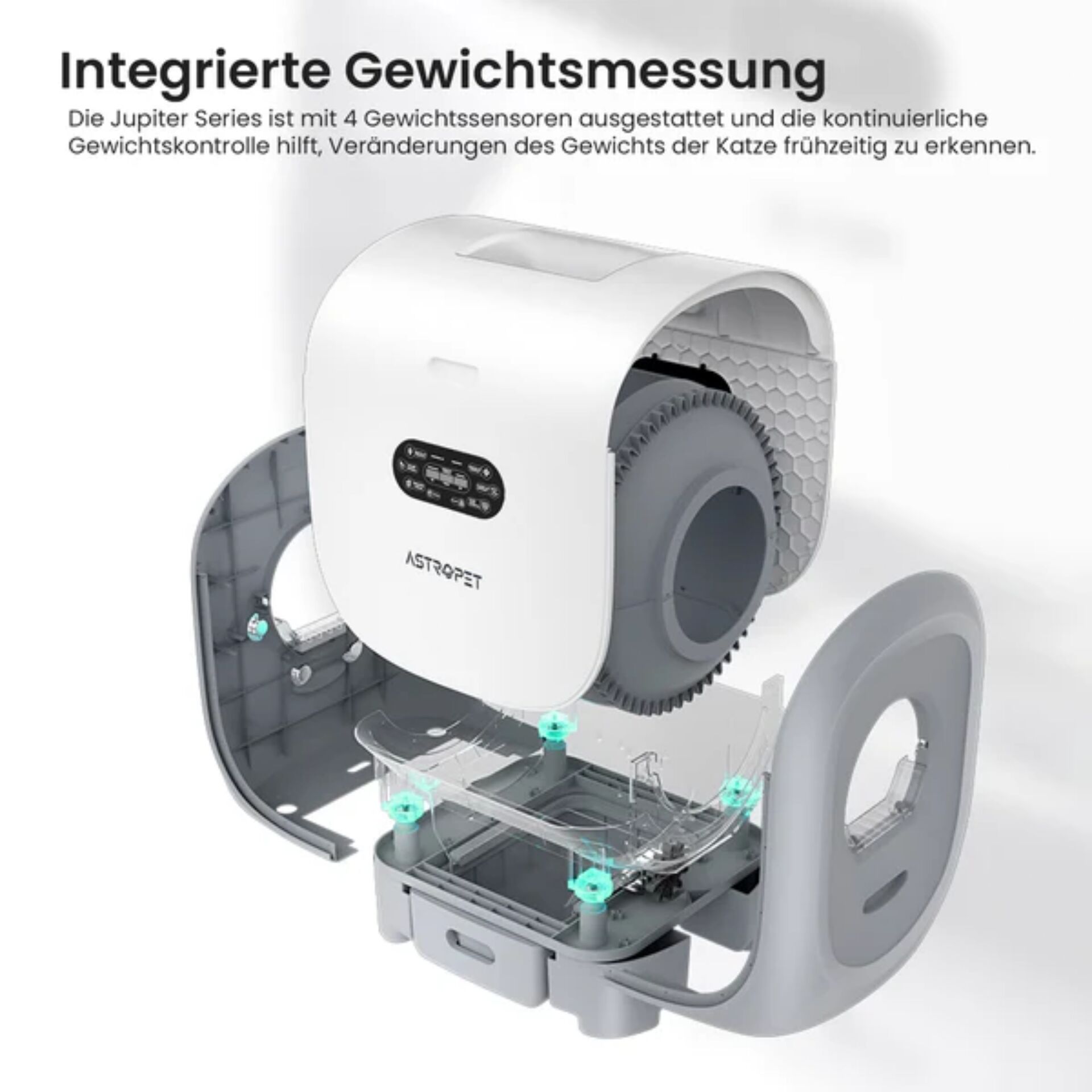 Explosionsansicht der Jupiter Series Katzentoilette mit 4 präzisen Gewichtssensoren zur Überwachung der Katzengewichtsveränderungen.
