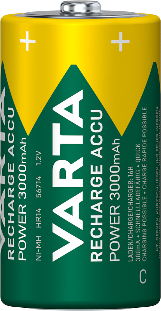 Abbildung einer VARTA wiederaufladbaren C-Batterie mit 3000mAh Kapazität und 1.2V Spannung