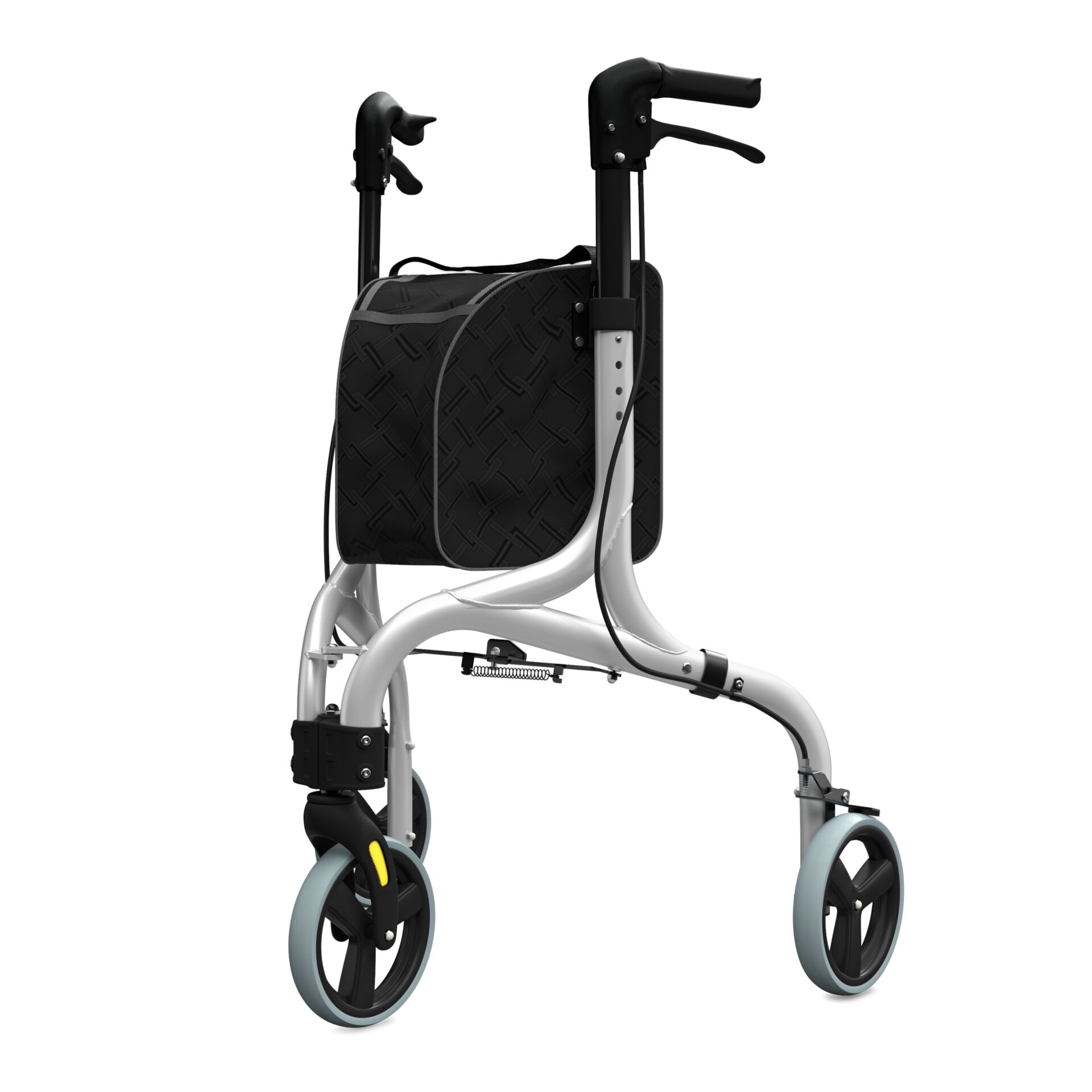 Ein kompakter, leichter Rollator mit ergonomischen Griffen und einer großen Tasche, ideal für Mobilität und Unterstützung.